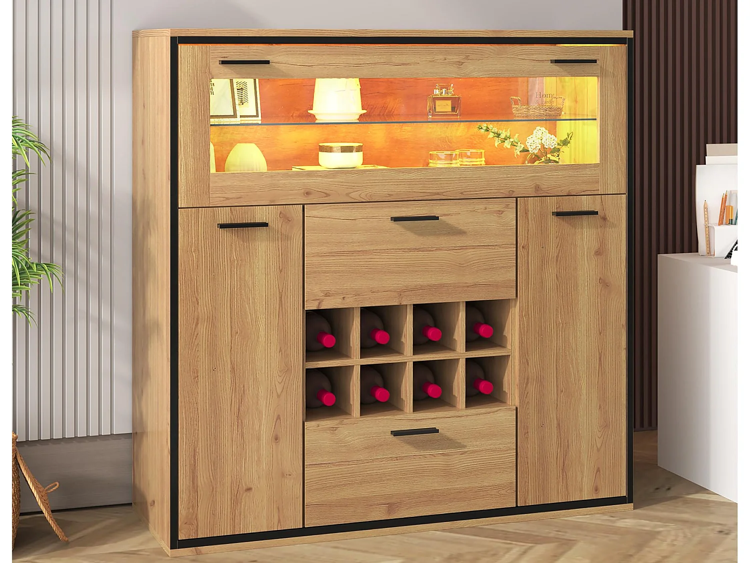 Bufet, szafka na wino z LED - 2 drzwiami i 2 szufladami oraz półkami szklanymi - Naturalny 1544037 - obrazek 1
