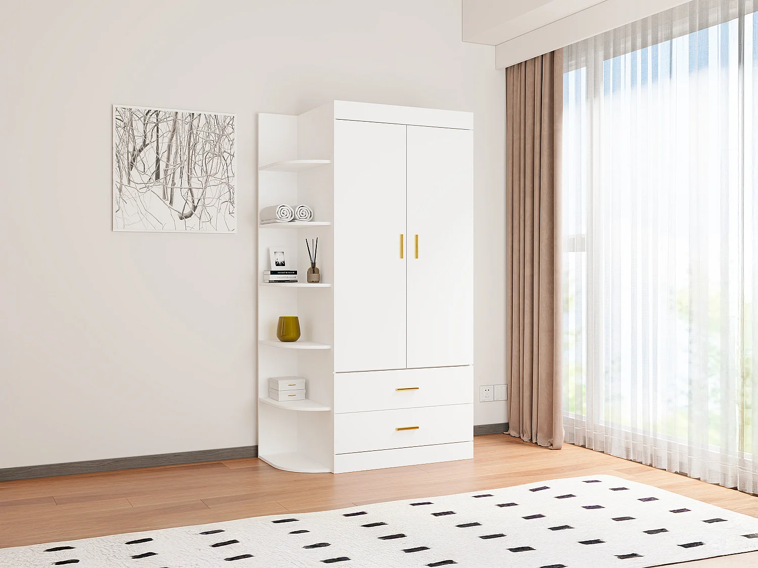 Szafa 2-drzwiowa z 2 szufladami i 6 półkami – szer. 100 cm – Biała i złota – GRIMORI 3768217