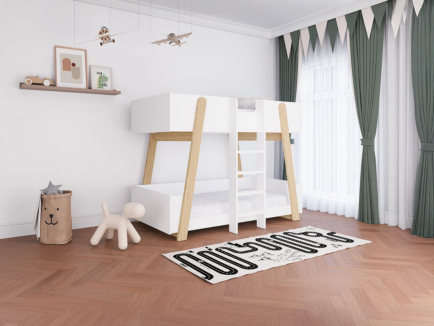 Łóżko piętrowe 90 x 190 cm - Białe i naturalne + Materac - CORODELA 4741558 - obrazek 1