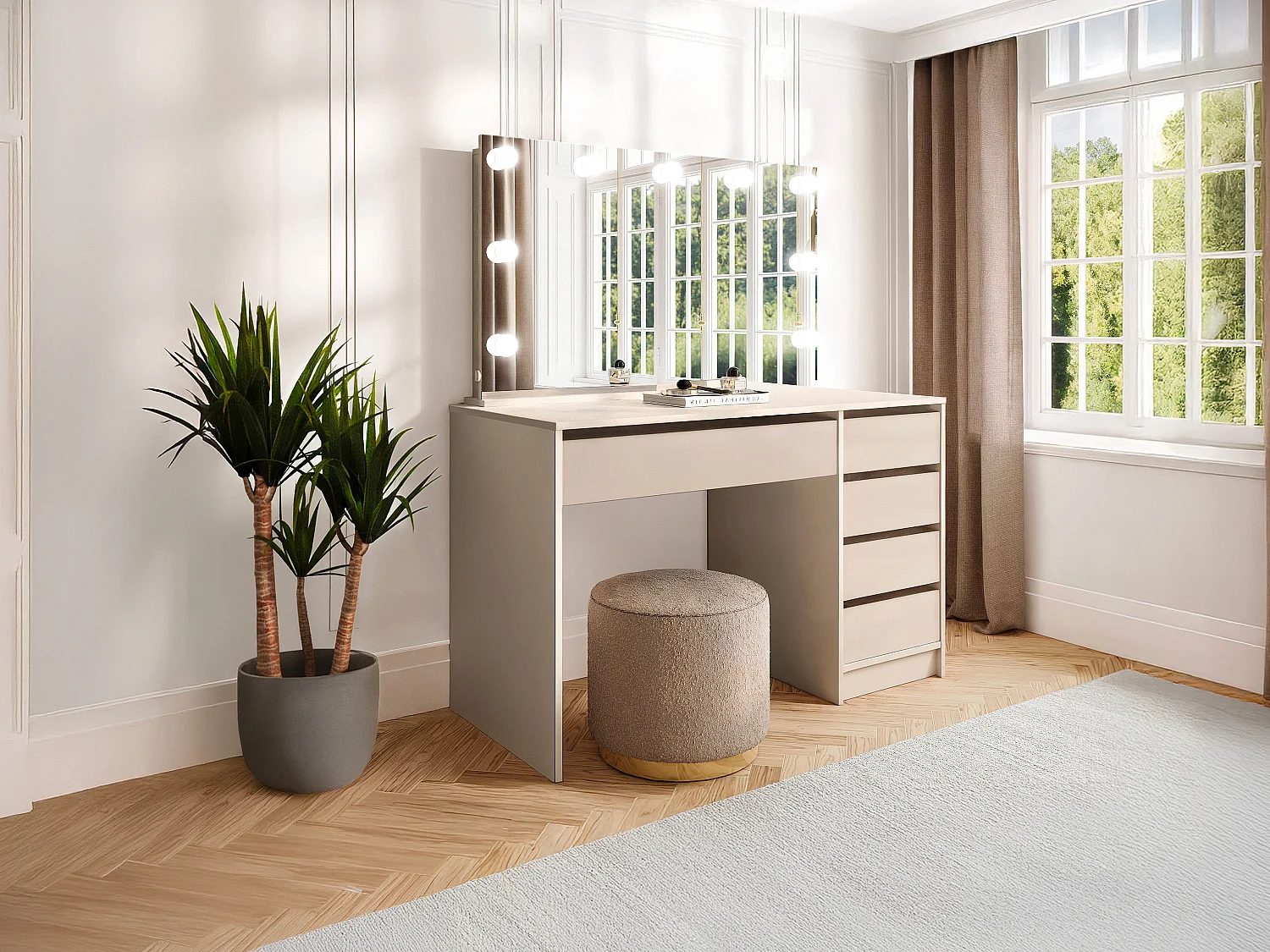 Toaletka z lustrem LED - 5 szuflad – Beżowa - JENEMI 4397736 - obrazek 1