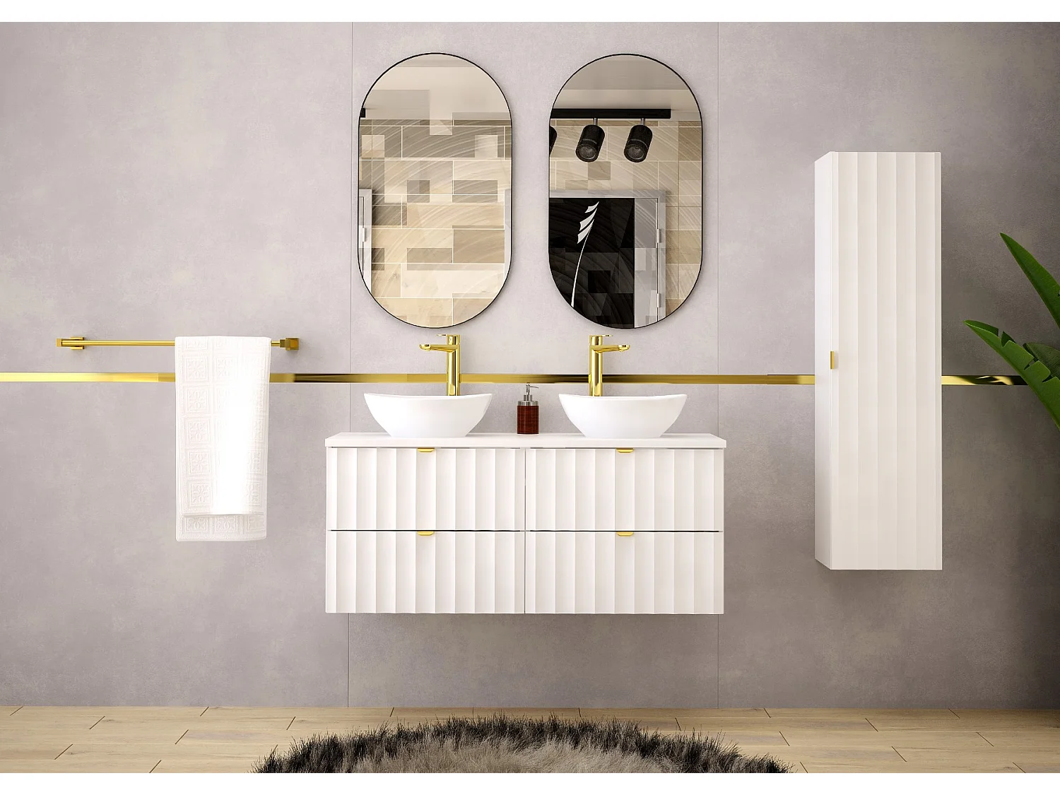 Biały Zestaw Łazienkowy 120cm Szafka z Blatem Ryflowane Fronty Arcos 4580185
