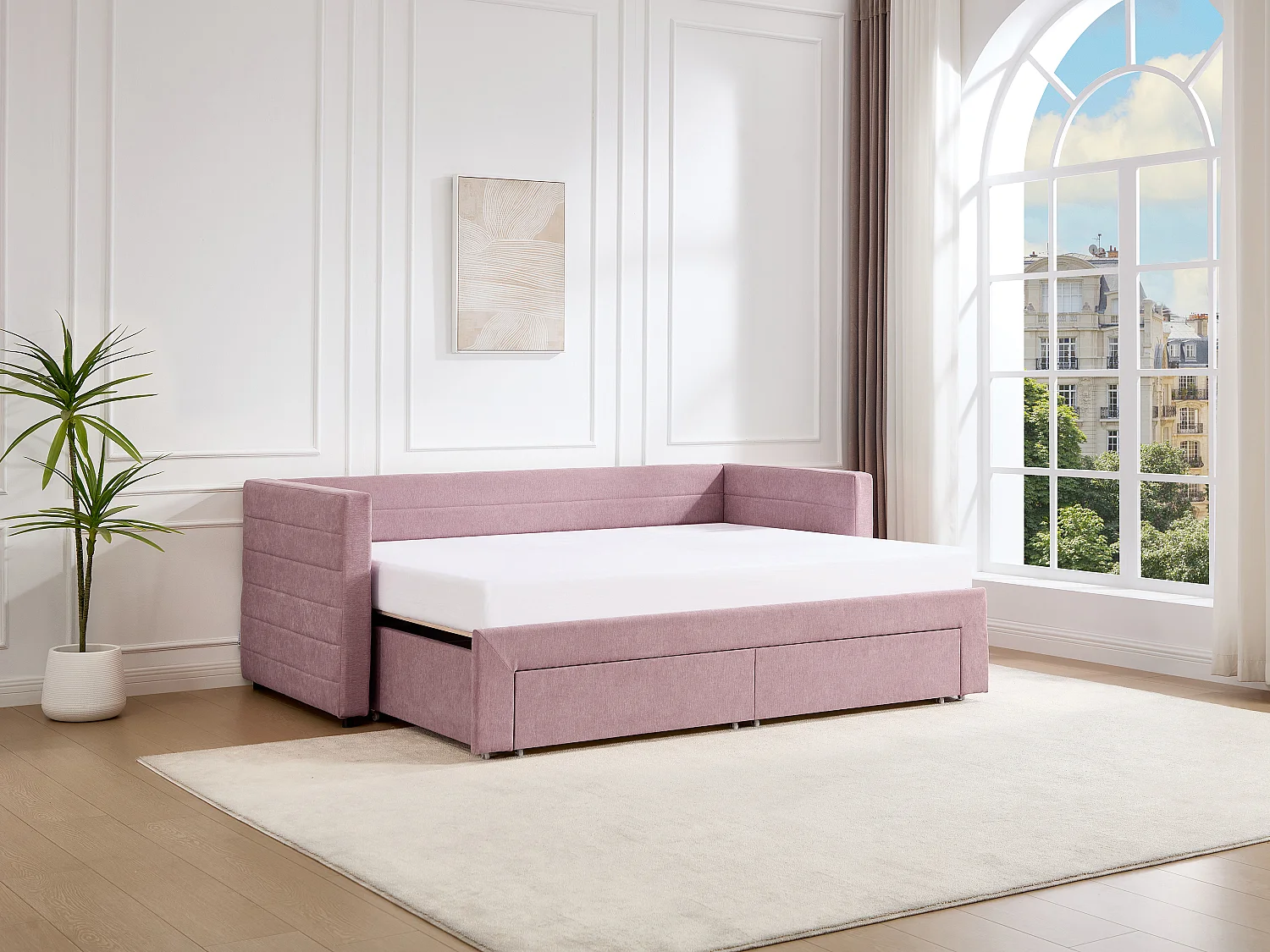 Łóżko rozkładane 2 x 80 x 200 cm - Z stelażem listwowym i szufladami - Teksturowana tkanina - Różowe - CAMITY 4164910 - obrazek 1