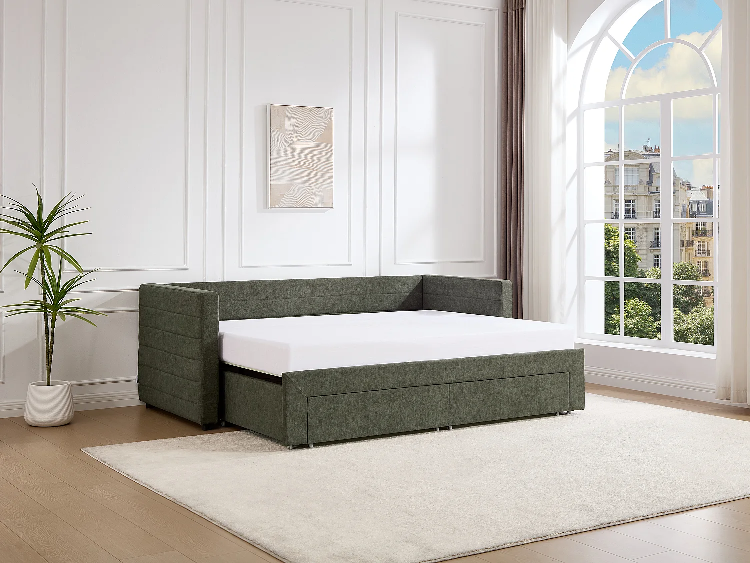 Łóżko rozkładane 2 x 80 x 200 cm - Z listwowym stelażem i szufladami - Teksturowana tkanina - Zielony - CAMITY 4164909 - obrazek 1