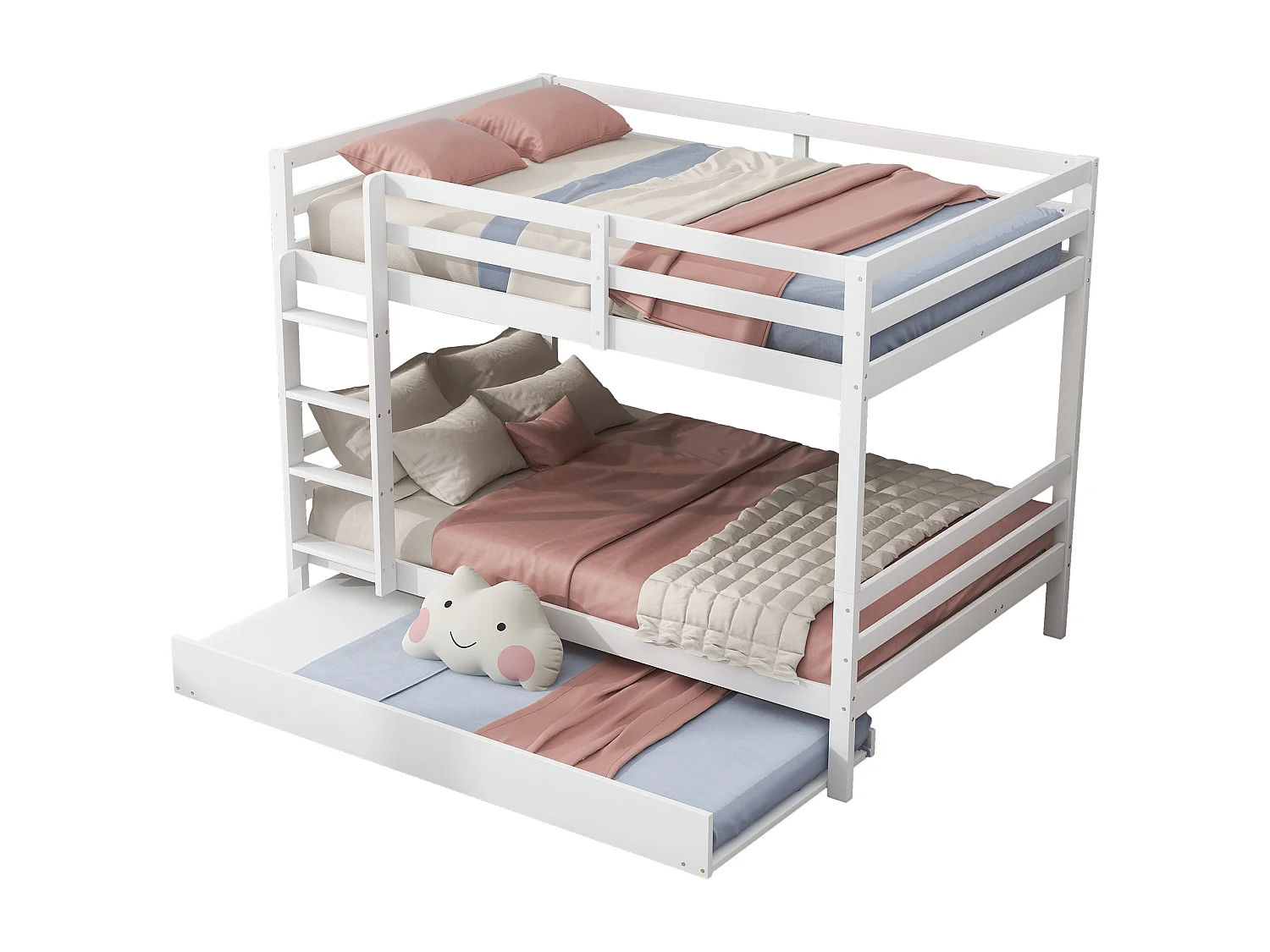 Łóżka piętrowe 2 x 140 x 200 cm z łóżkiem wysuwanym 90 x 200 cm – barierka i schody – drewno MDF – białe 2870408