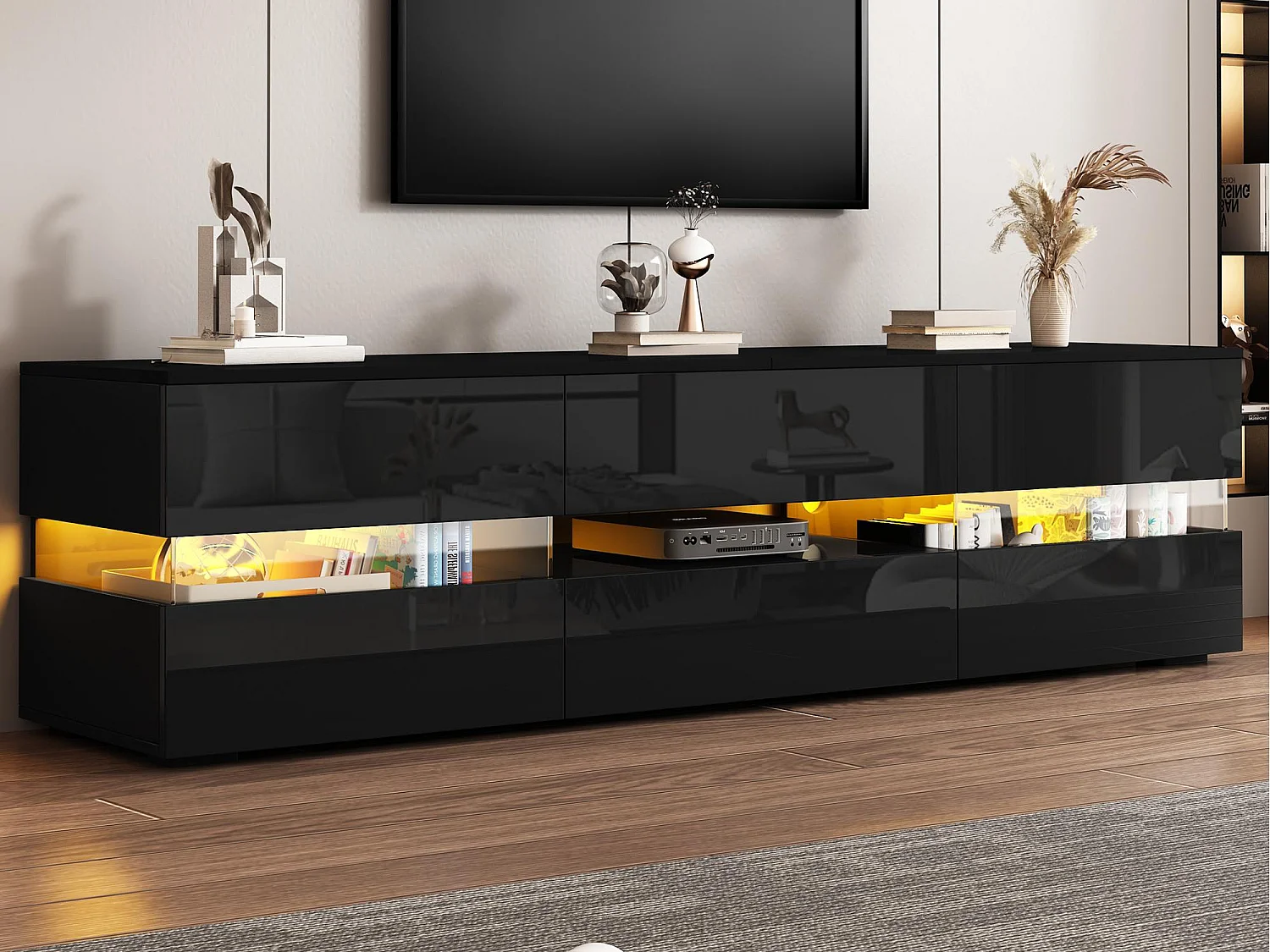 Błyszczące meble pod TV 160x39x45 cm – z oświetleniem LED – 2 fronty i 1 szuflada – Otwarte półki – Przeszklony panel – Czarny 4771866
