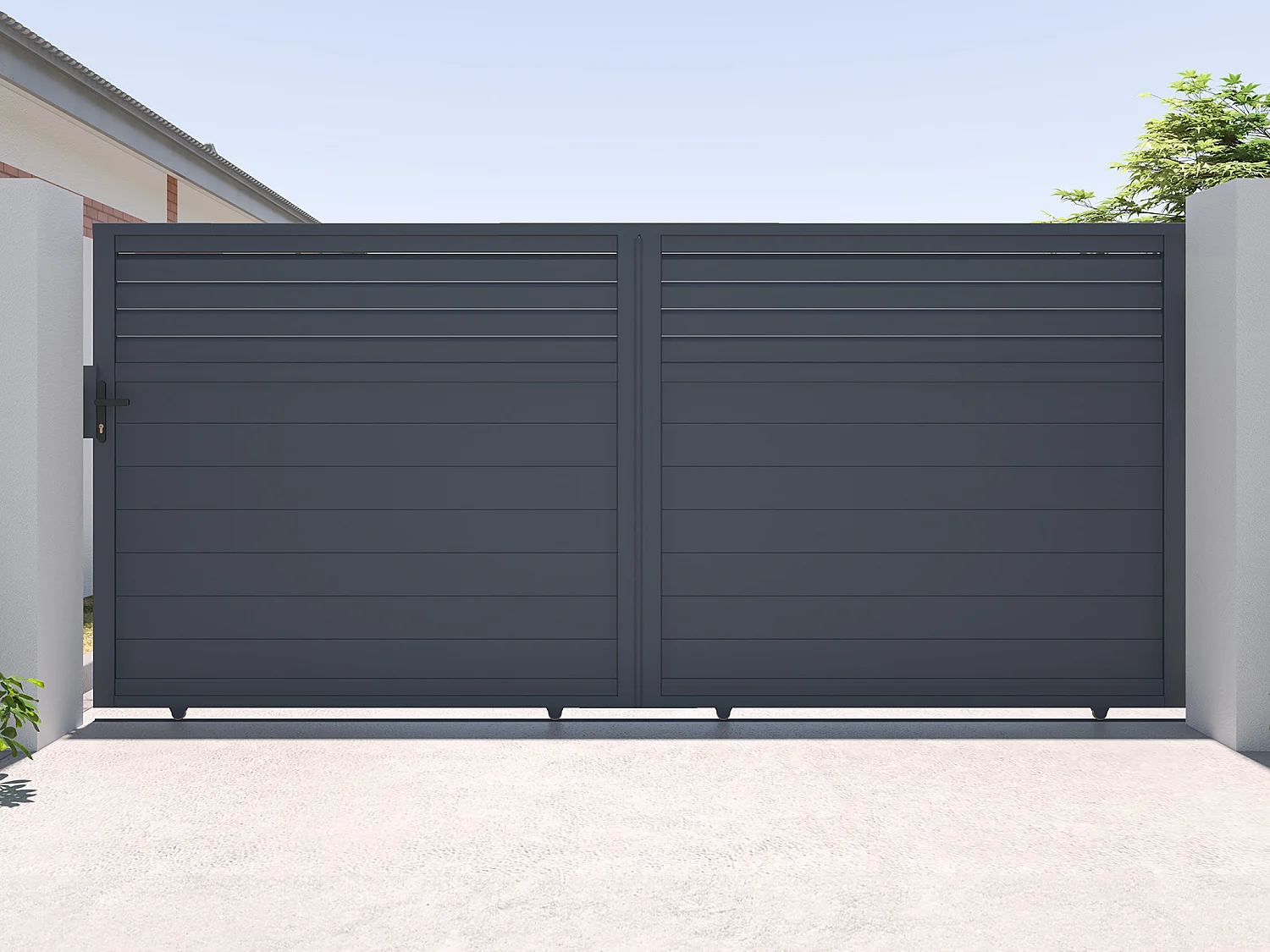 Brama elektryczna przesuwna żaluzjowa z antracytowego aluminium szer. 416 x wys. 180 cm – VIAZO 2740813