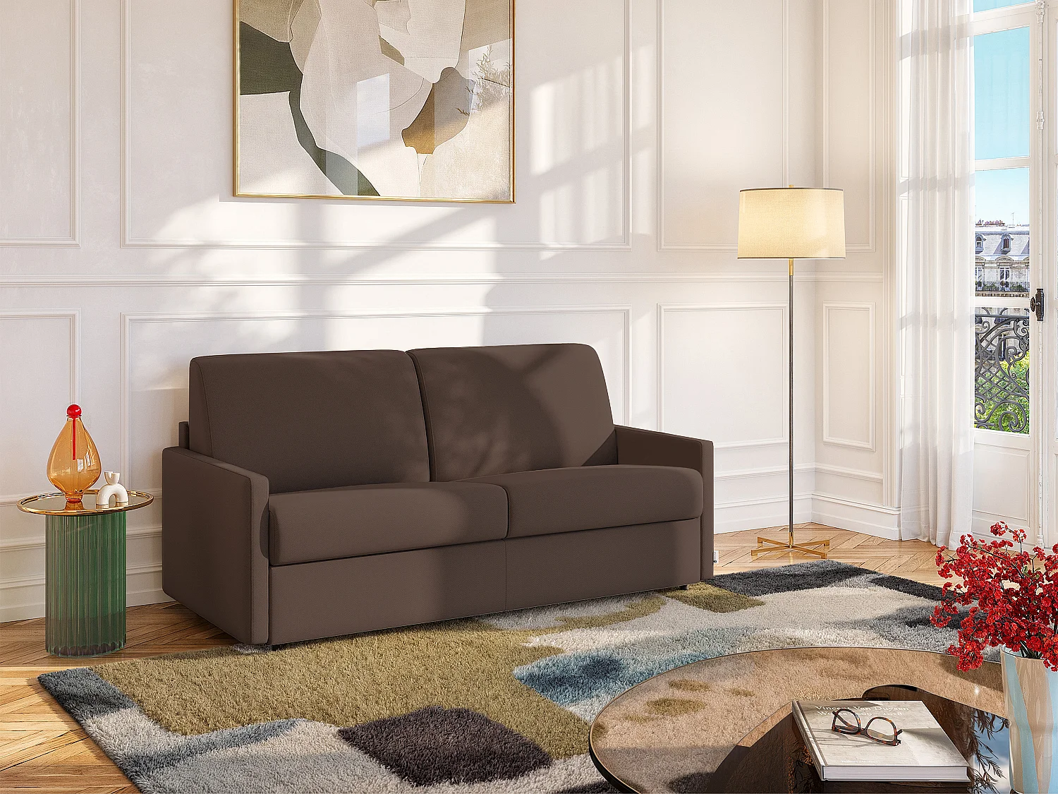 Kanapa 3-osobowa rozkładana typu express z tkaniny - Brązowy - Pow. spania 140 cm - Materac 14 cm CALIFE 129399 - obrazek 1