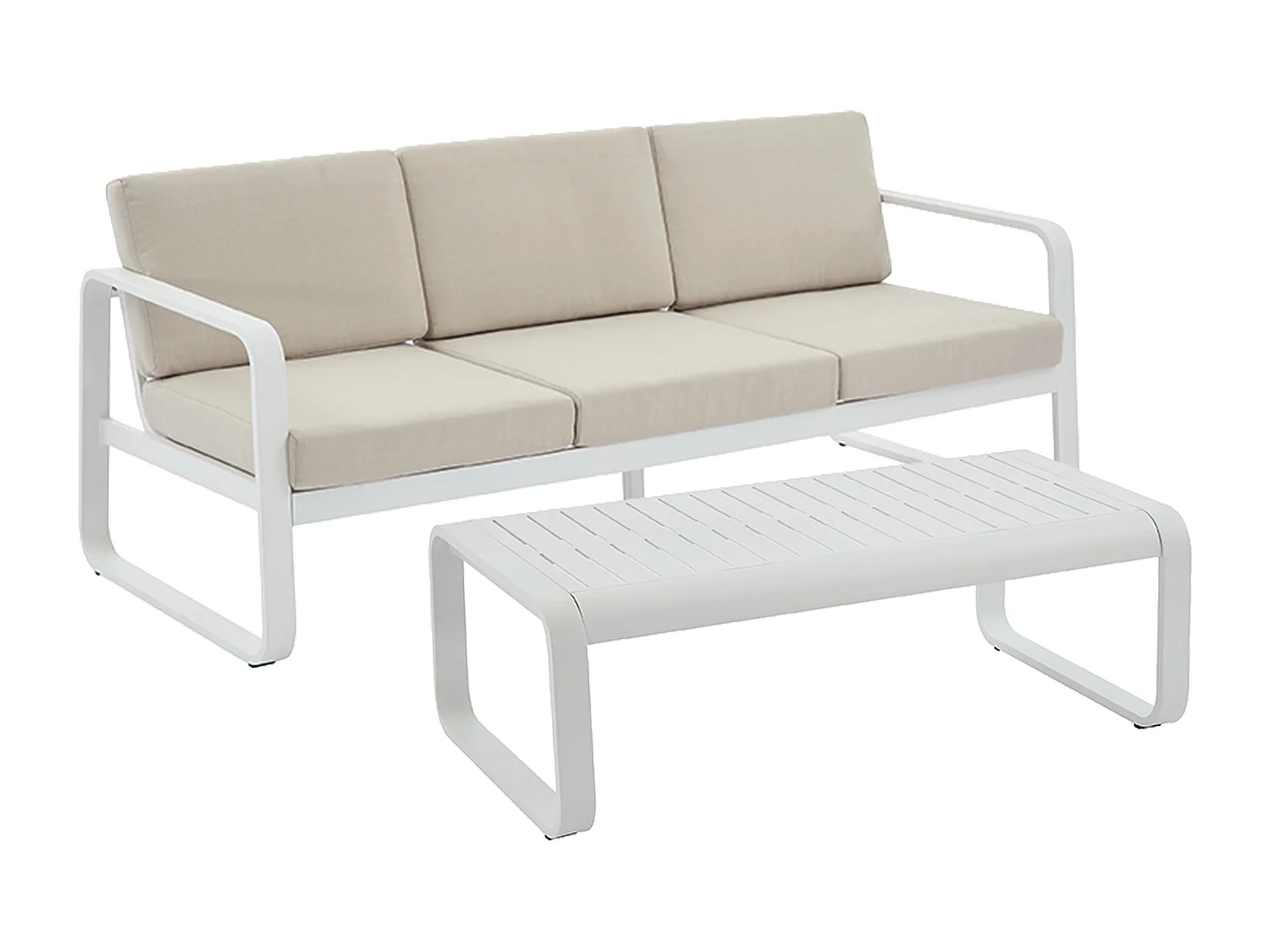 Aluminiowy zestaw ogrodowy: 1 sofa 3-osobowa i 1 stolik kawowy - Biały z beżowymi poduszkami - LOMIA od MYLIA 4190941 - obrazek 1