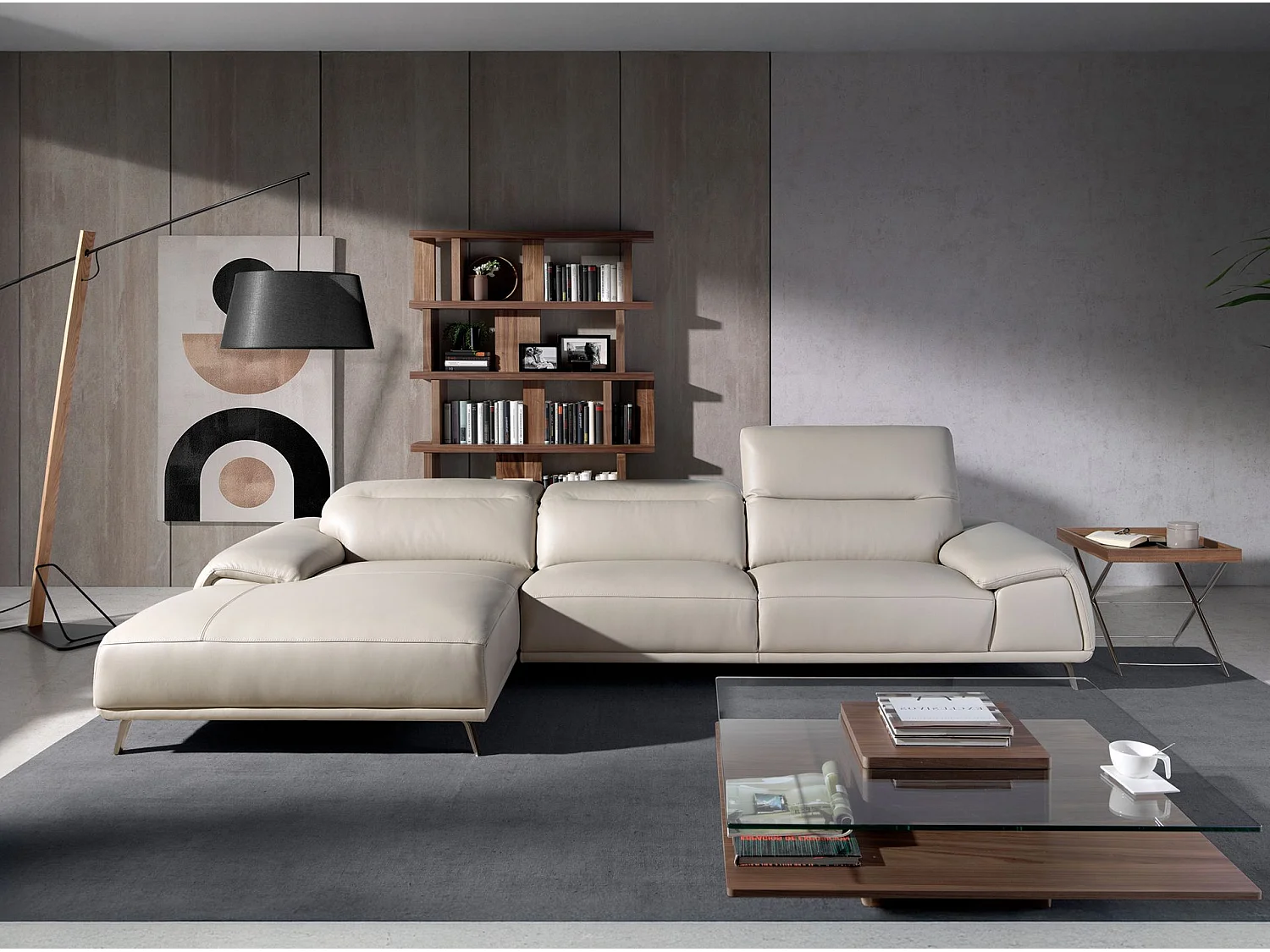 Lewa sofa z szezlongiem z szarej skóry taupe 6149 ANGEL CERDA 604765 - obrazek 1