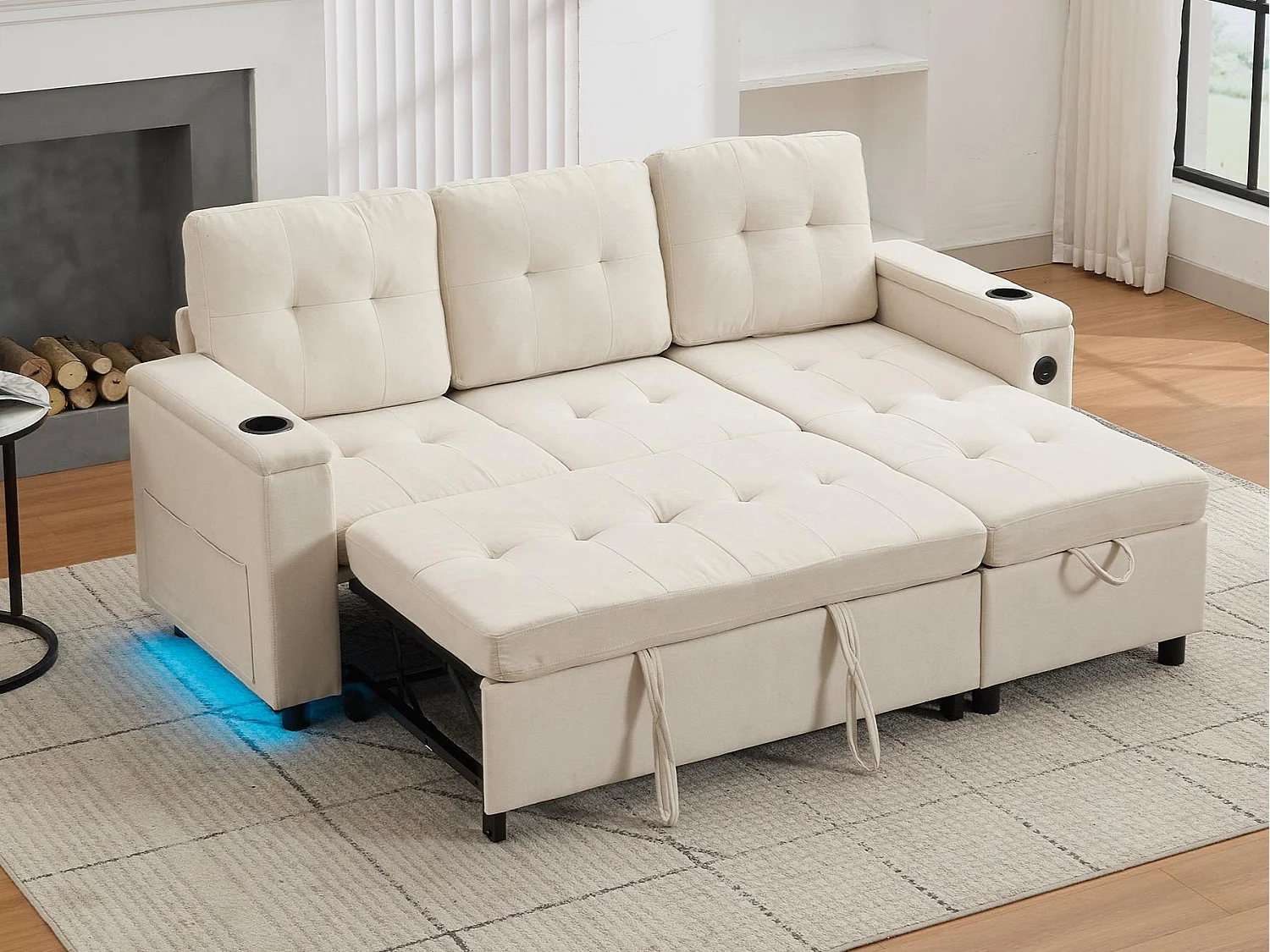 Kanapa narożna 3-osobowa 208x146x89,5 cm - Składana - z oświetleniem LED - z uchwytem na kubek i torbą do przechowywania - Beżowy 4806052 - obrazek 1