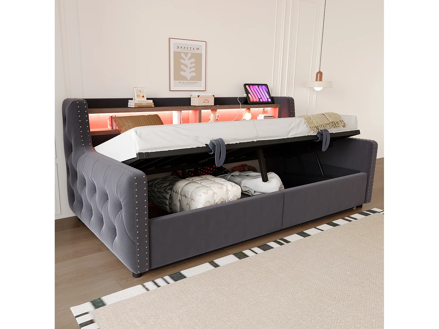 Leżanka 90×200 cm, łóżko dla dorosłych z miejscem do przechowywania, LED i portami USB – szary welur (bez materaca) 4808507