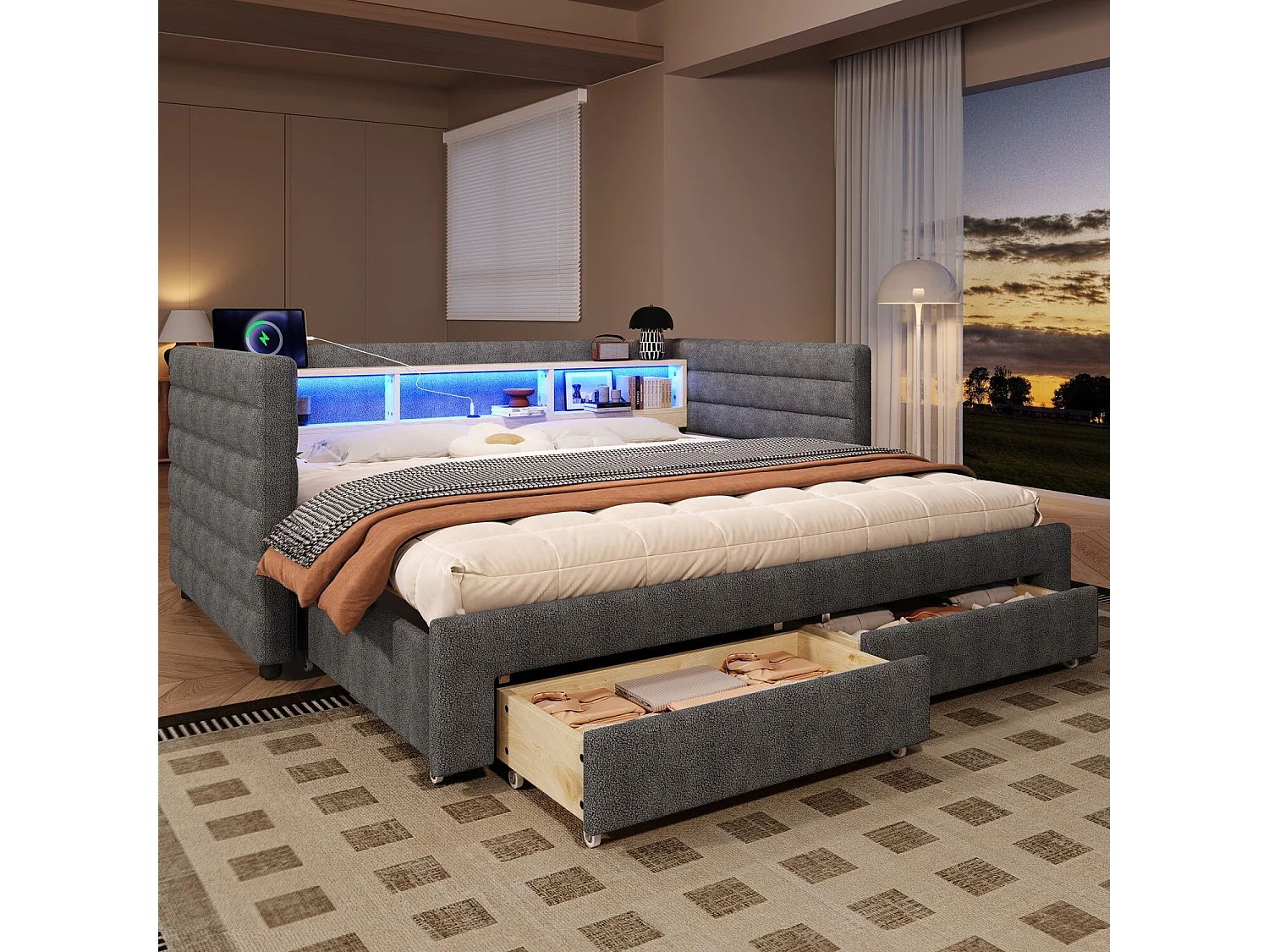 Leżanka 90×190 cm, łóżko wysuwane z oświetleniem LED i USB, 2 szuflady – aksamitny Grey (bez materaca) 4808518