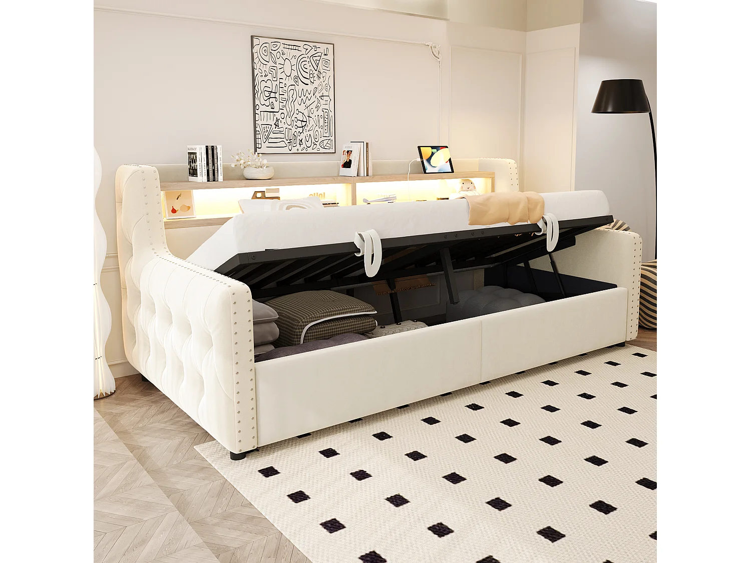 Leżanka 90×200 cm, łóżko dla dorosłych z miejscem do przechowywania, LED i portami USB – beżowy welur (bez materaca) 4808522