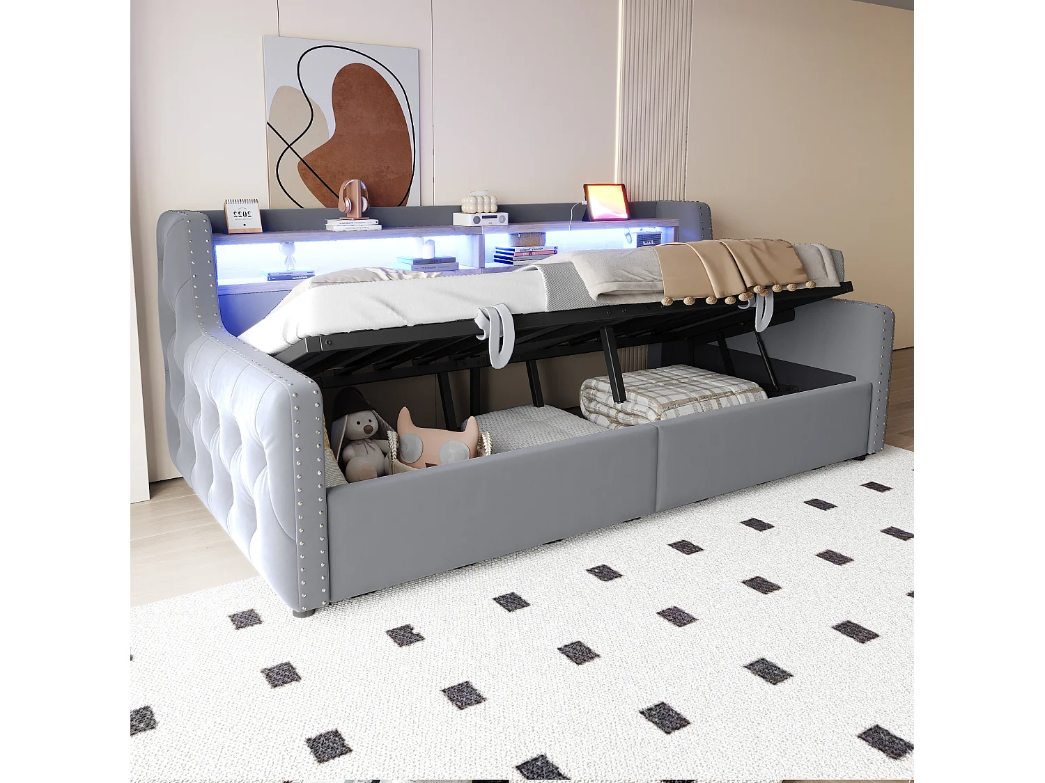Leżanka 90×200 cm, łóżko dla dorosłych z miejscem do przechowywania, LED i portami USB – jasnoszary welur (bez materaca) 4808533