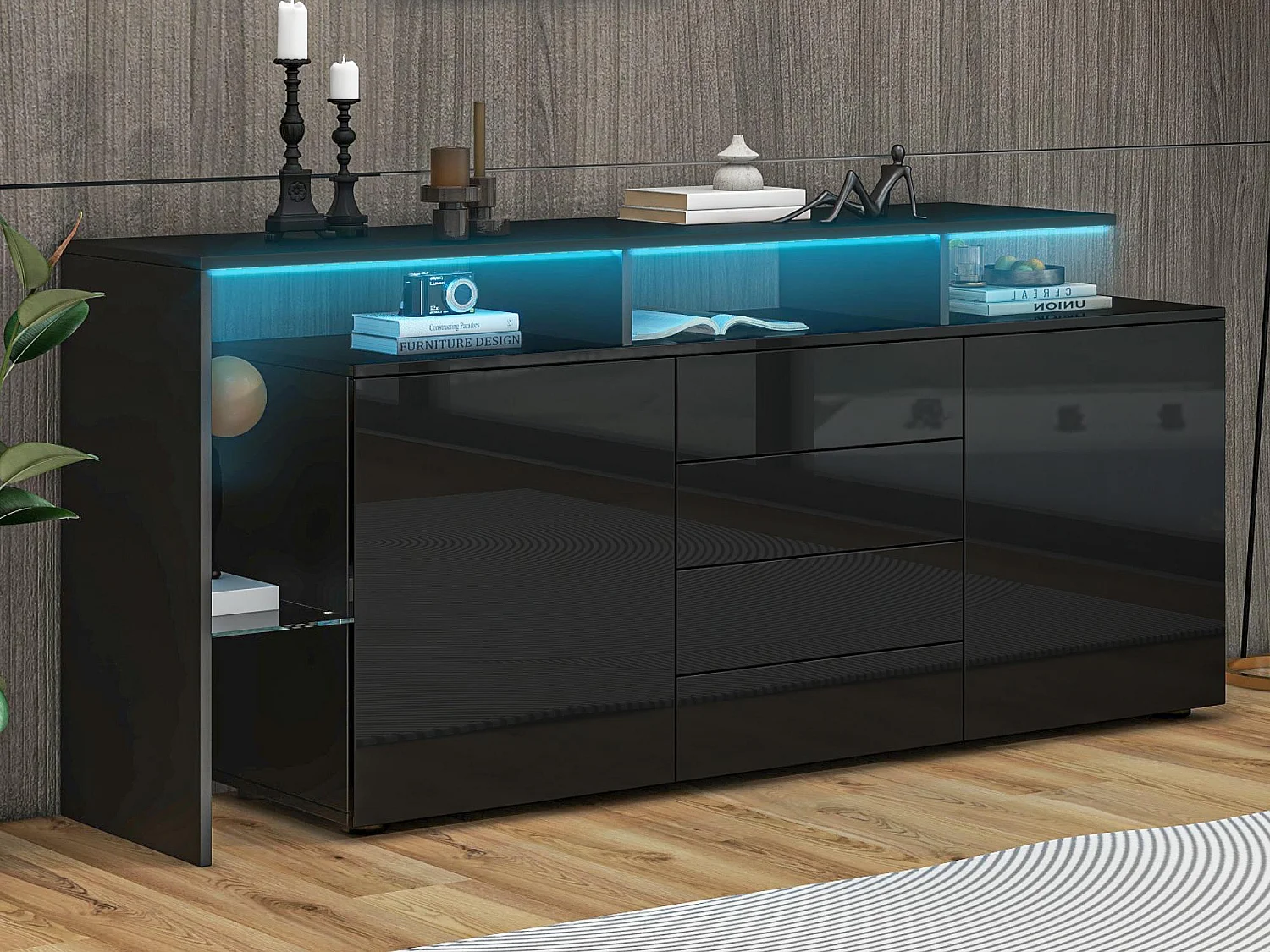 Buffet 160x35x70cm - z oświetleniem LED - 4 szuflady i 2 fronty - Błyszczące wykończenie - Płyty wiórowe - Czarny 4811645 - obrazek 1