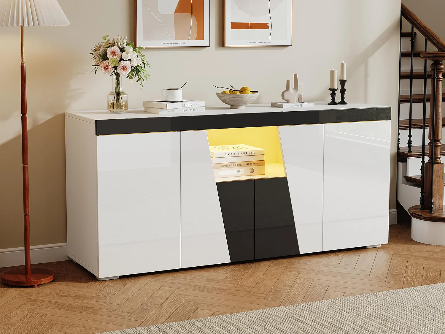 Buffet 140x40x65 cm - z 4 frontami - z oświetleniem LED - Płyty wiórowe - Biały + Czarny 4811650 - obrazek 1