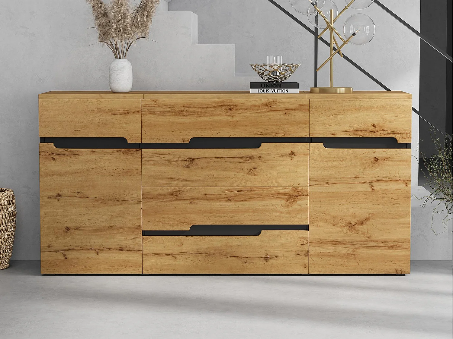 Buffet 160x40x80 cm - z 2 frontami i 4 szufladami - Wykończenie drewno - Płyty wiórowe - Kolor naturalny + Czarny 4811656 - obrazek 1
