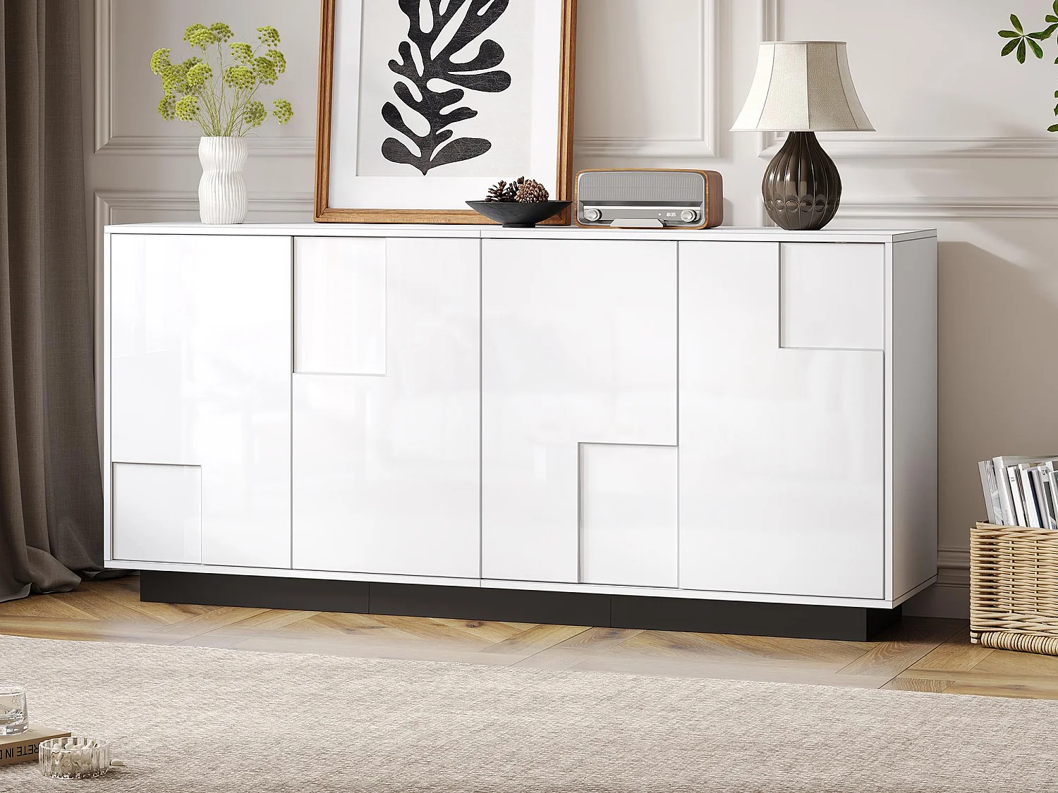Buffet 160x37x75,5 cm - z 4 frontami - Wzór geometryczny - Płyty wiórowe - Biały 4811658 - obrazek 1