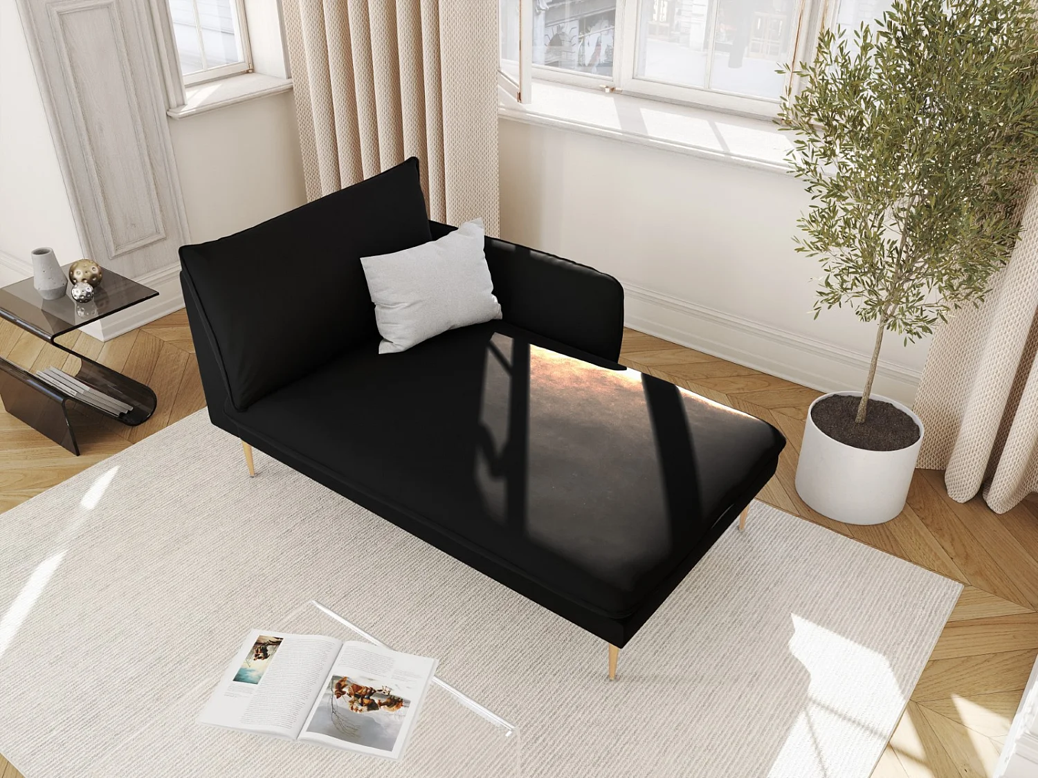 Cosmopolitan Design - Szezlong bok prawy, "Vienna" welur, czarny - 170x110x95cm 3741273 - obrazek 1
