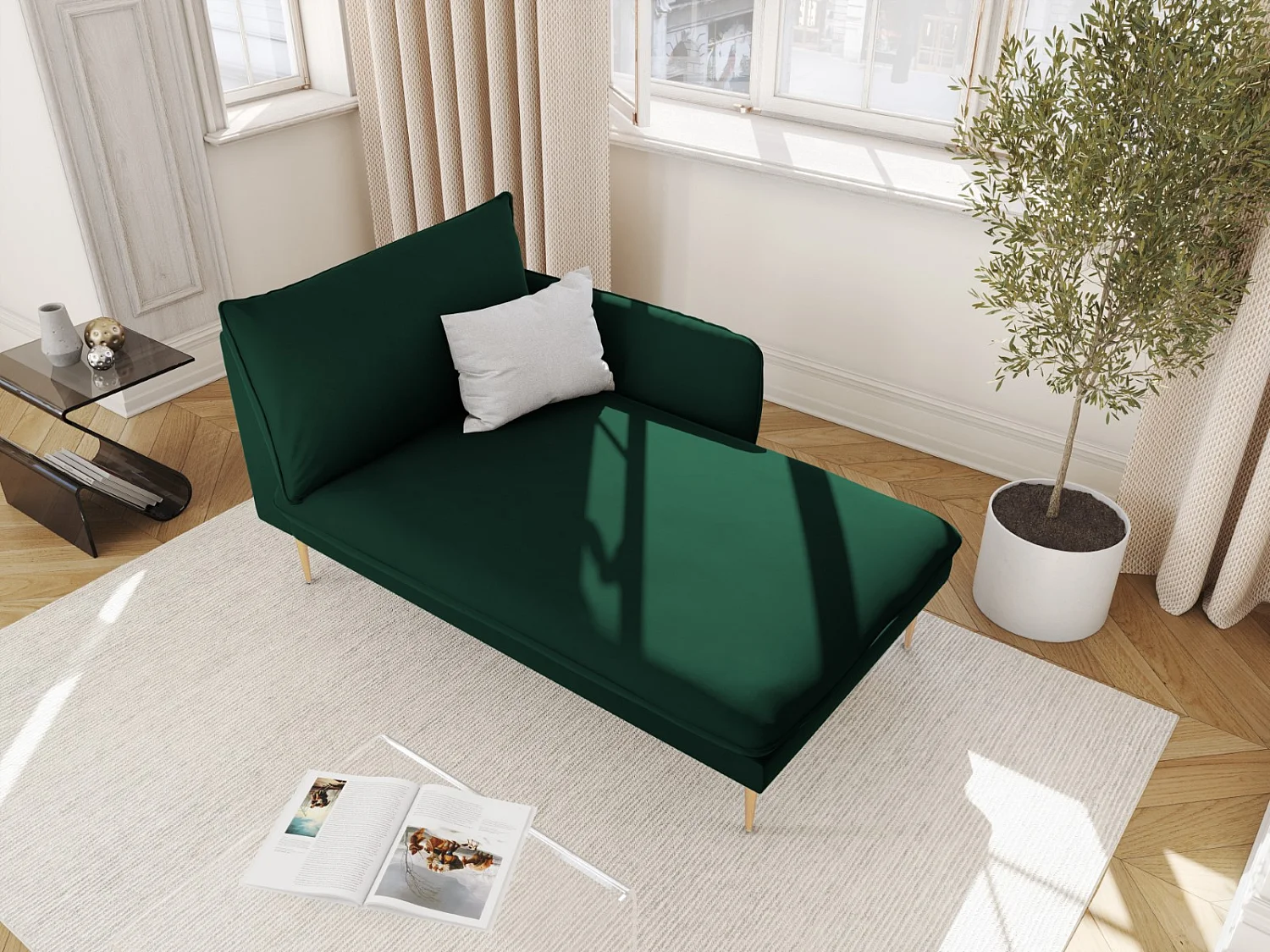 Cosmopolitan Design - Szezlong bok prawy, "Vienna" welur, zielony butelkowy - 170x110x95cm 3741766 - obrazek 1