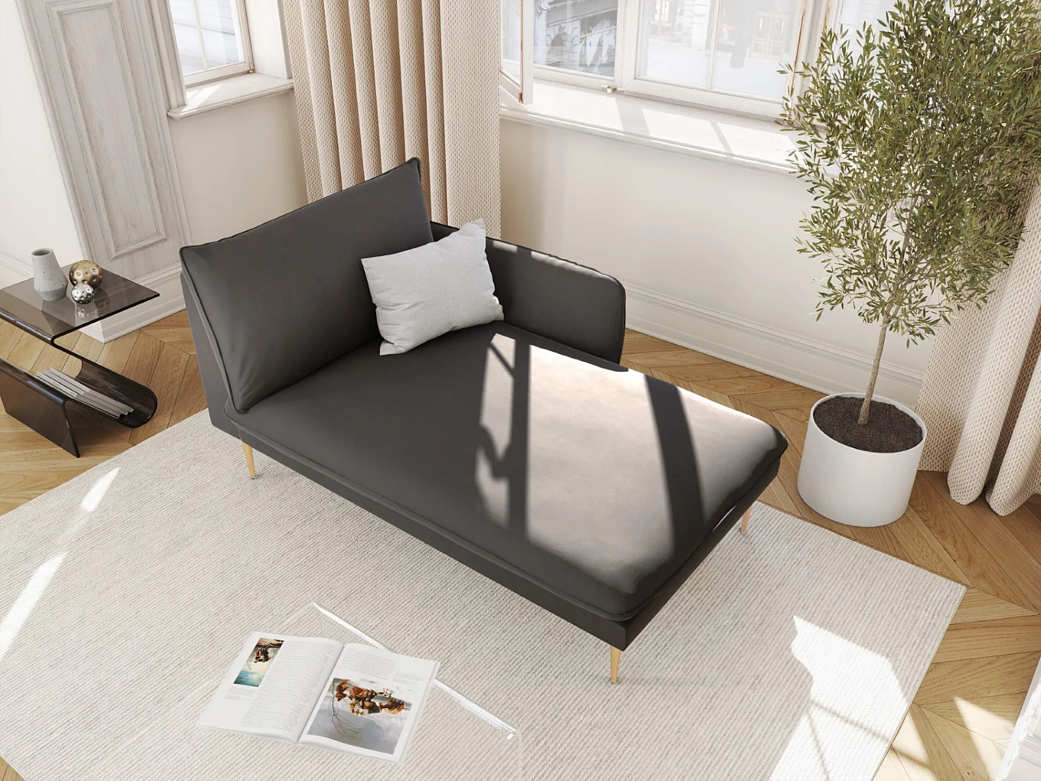 Cosmopolitan Design - Szezlong bok prawy, "Vienna" welur, szary ciemny - 170x110x95cm 3741318 - obrazek 1