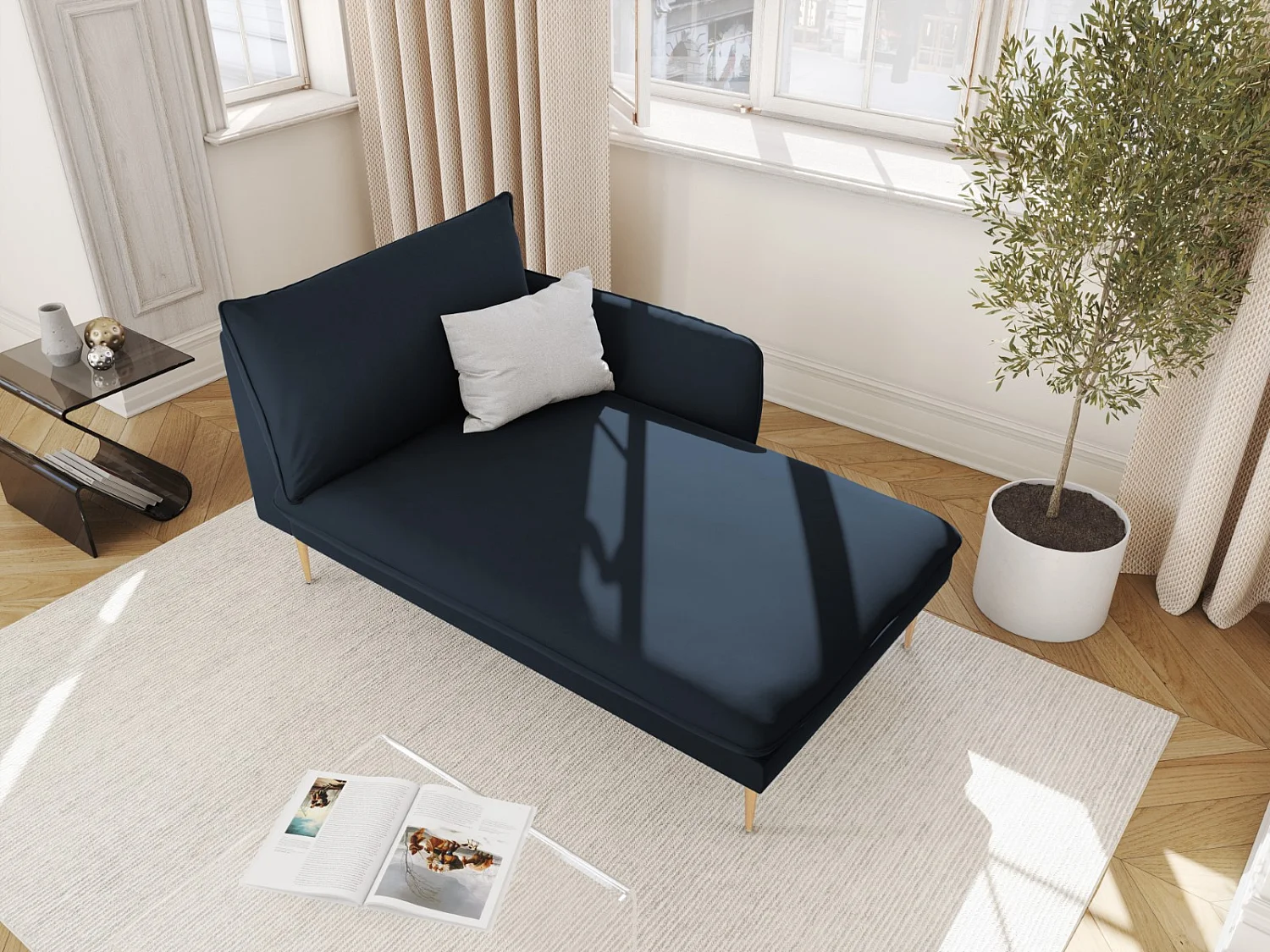 Cosmopolitan Design - Szezlong bok prawy, "Vienna" welur, niebieski ciemny - 170x110x95cm 3741916 - obrazek 1