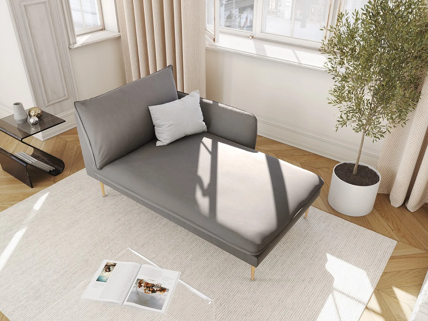 Cosmopolitan Design - Szezlong bok prawy, "Vienna" welur, szary jasny - 170x110x95cm 3741977 - obrazek 1