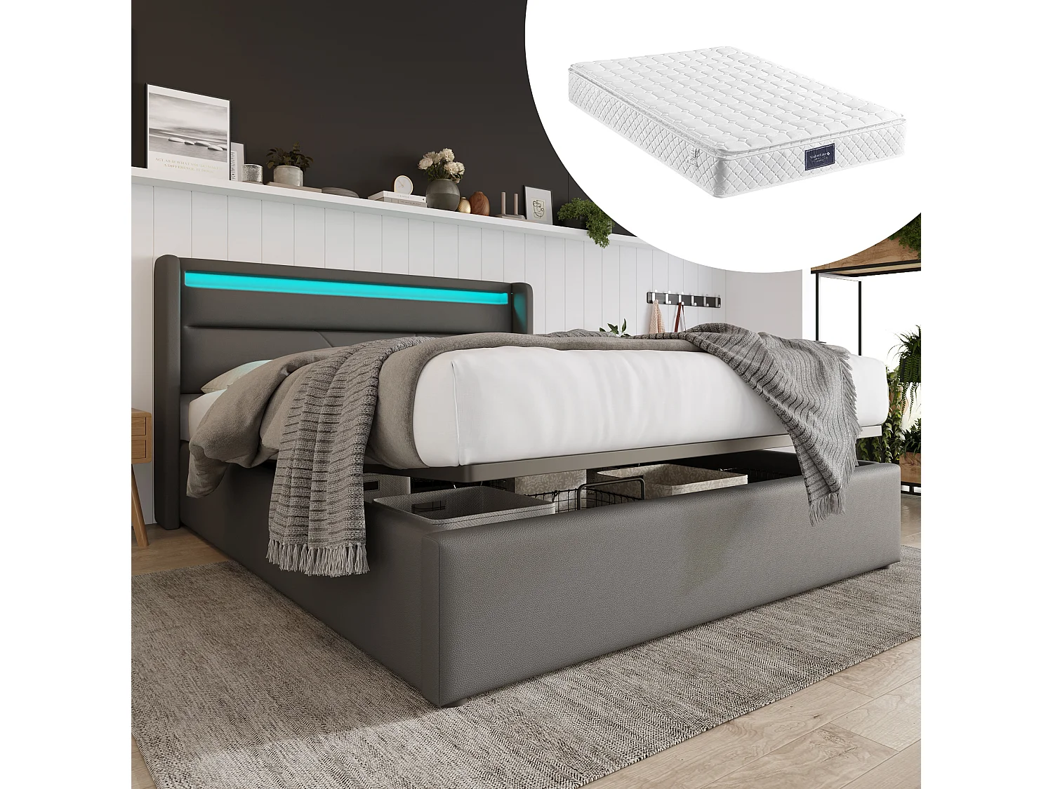 Łóżko 140×200 cm z pojemnikiem – Łóżko dla dorosłych z podświetlanym zagłówkiem LED – skóra szara – materac w zestawie 4813579