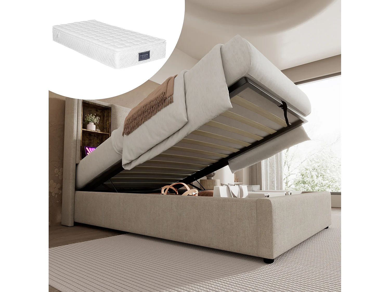 Łóżko 90x200 cm z pojemnikiem na pościel - z zagłówkiem i schowkiem, USB, typ C, stelaż - len - naturalny - materac wliczony w cenę 4813666 - obrazek 1