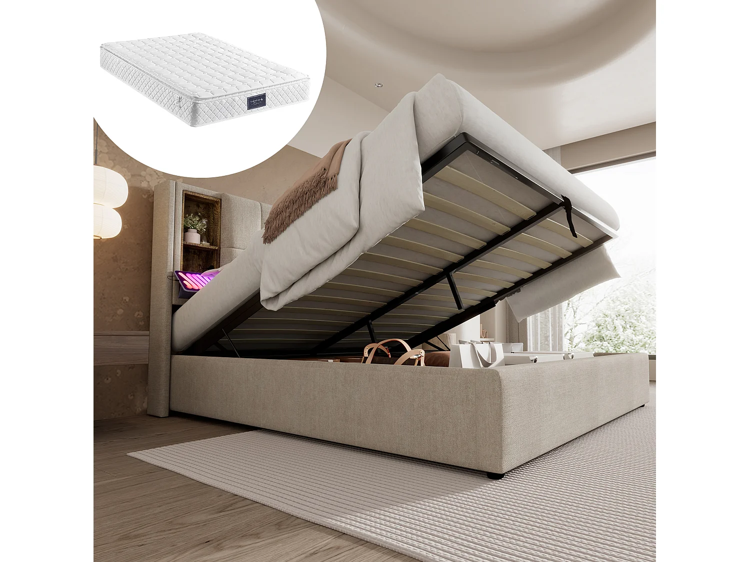 Łóżko 160x200 cm z pojemnikiem na pościel - z zagłówkiem i schowkiem, USB, typ C, stelaż - len - naturalny - materac wliczony w cenę 4813682 - obrazek 1