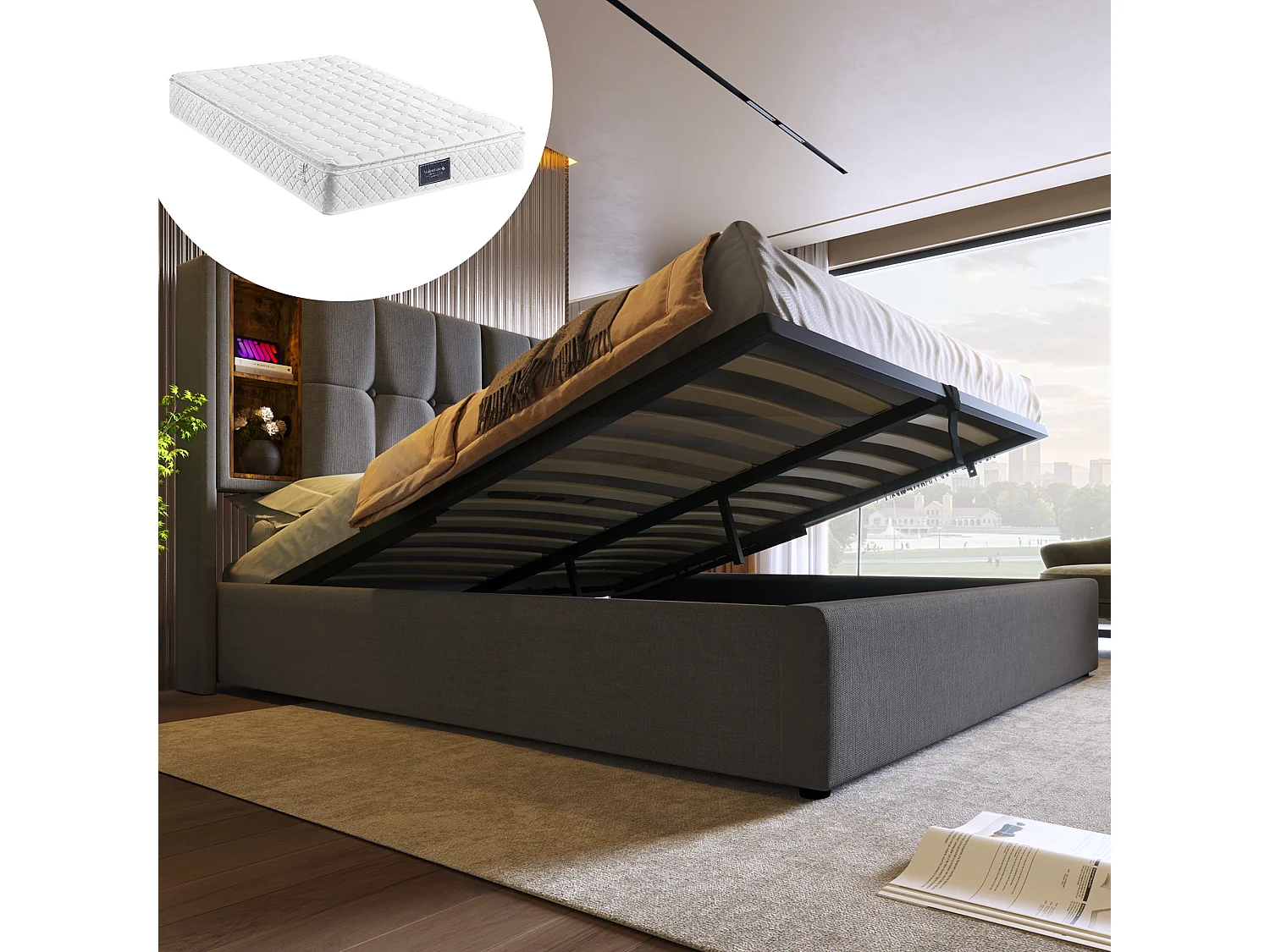 Łóżko 160x200 cm z pojemnikiem na pościel - z zagłówkiem i schowkiem, USB, typ C, stelaż - szare - materac nie jest wliczony w cenę 4813683 - obrazek 1