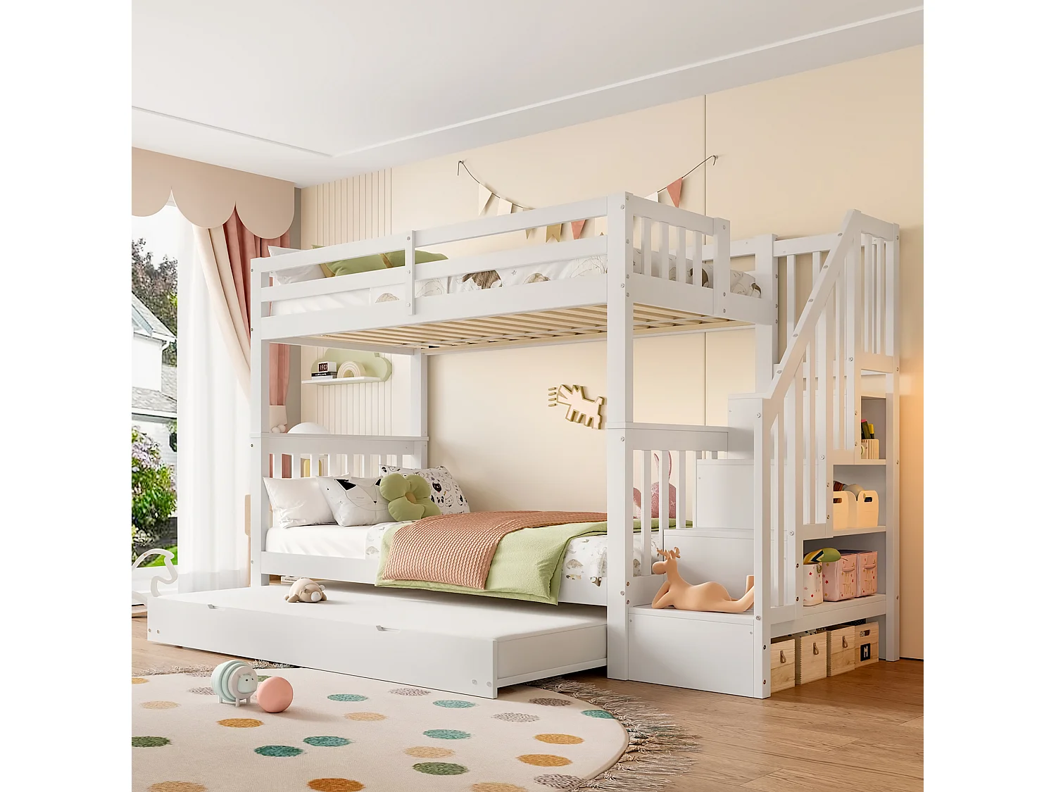 Łóżka piętrowe dla dzieci 2 x 90 x 200 cm z łóżkiem wysuwanym 90 x 190 cm – z drabinką – drewniane – białe 4814477