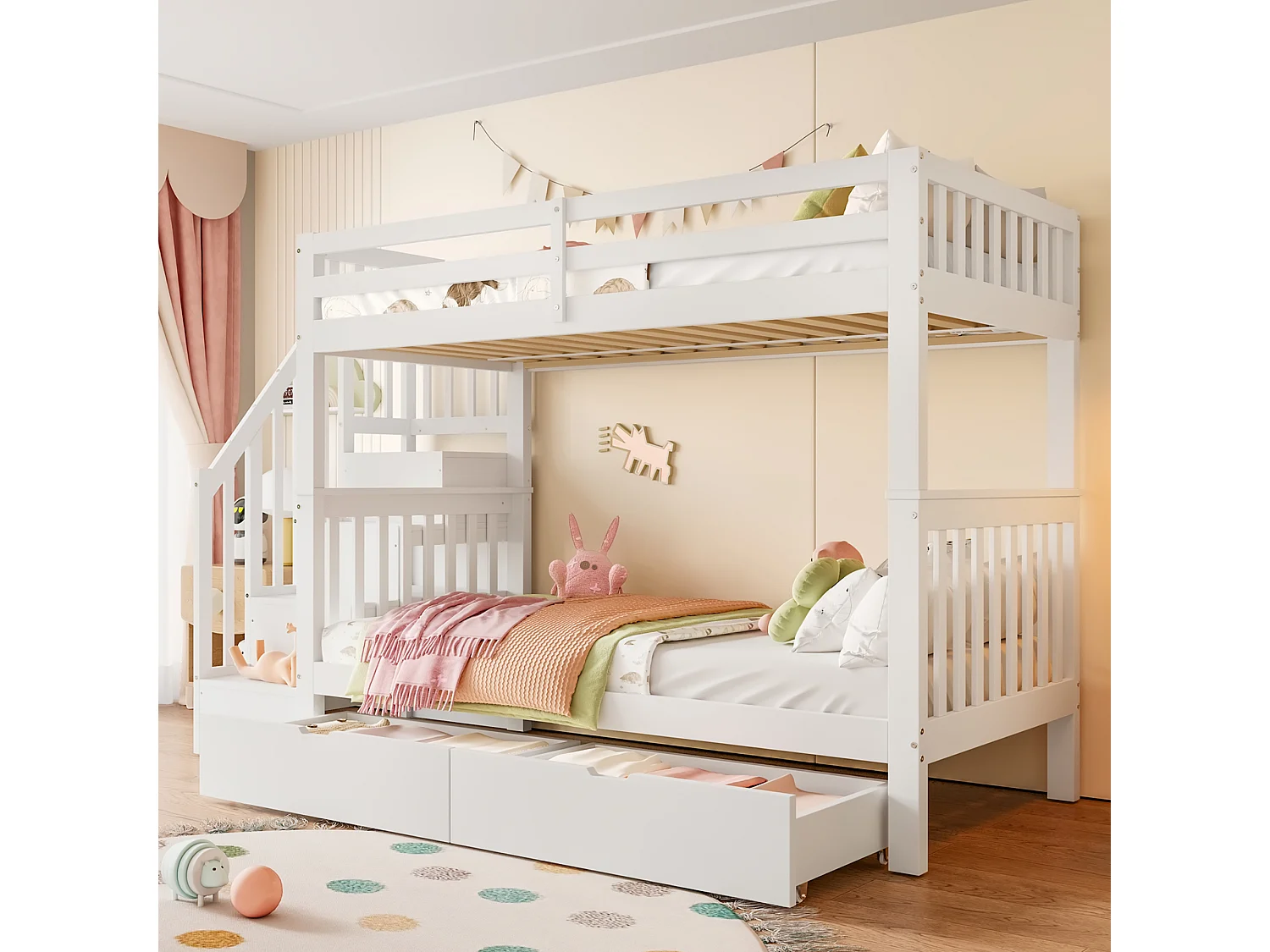 Łóżka piętrowe dla dzieci – 2 x 90 x 200 cm z drabinką + 2 szuflady – drewno – białe 4814484