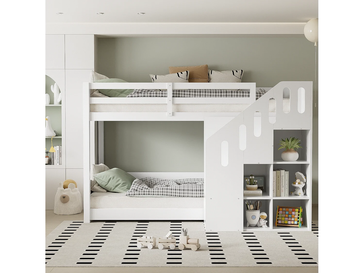 Łóżka piętrowe dla dzieci – 2 x 90 x 200 cm – schody z półkami + barierka – drewno – białe 4814498