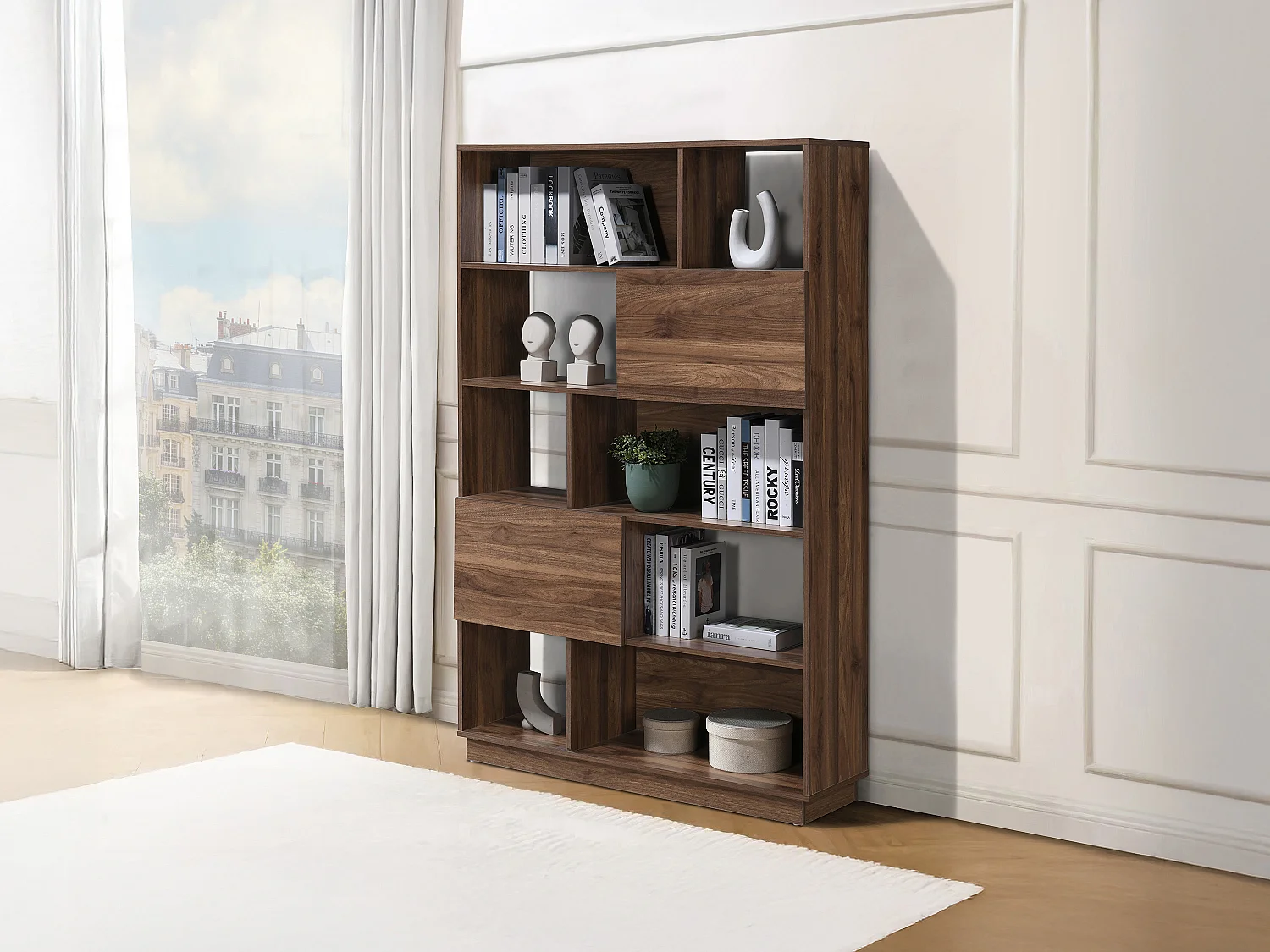 Regał z 2 szafkami i 8 wnękami – Ciemny naturalny – CEVANIA 4101786