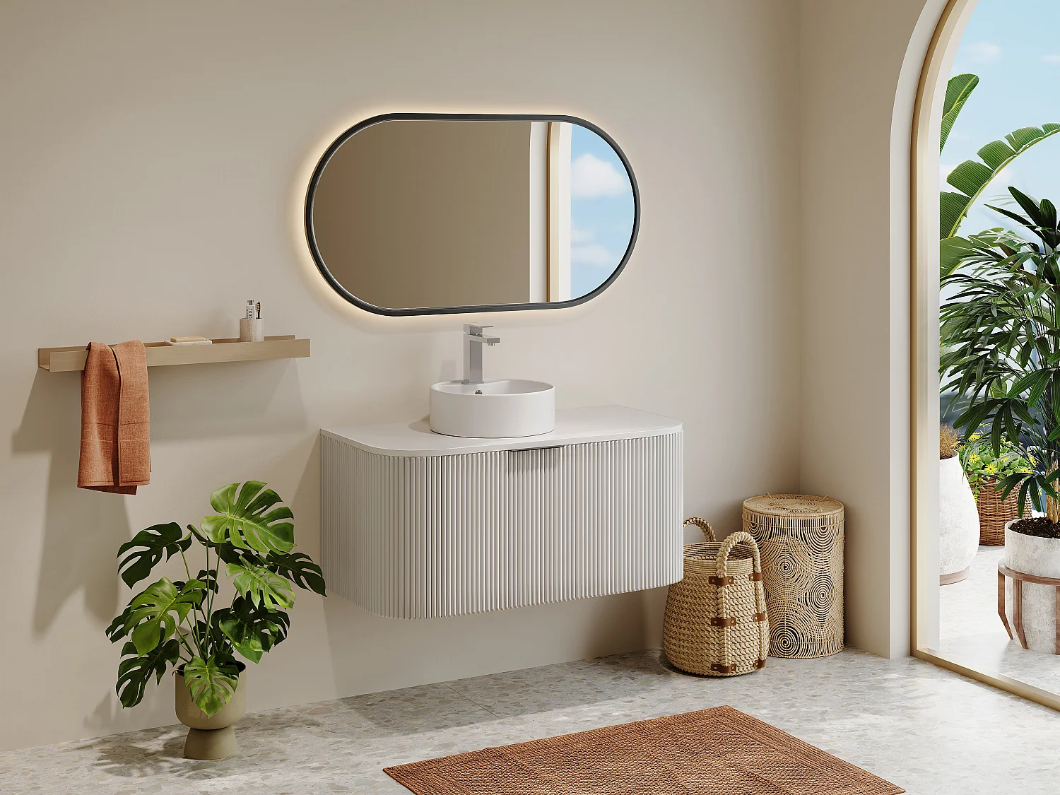 Szafka łazienkowa wisząca ryflowana z umywalką nablatową – Biały mat – 100 cm – LOMERI 4191570