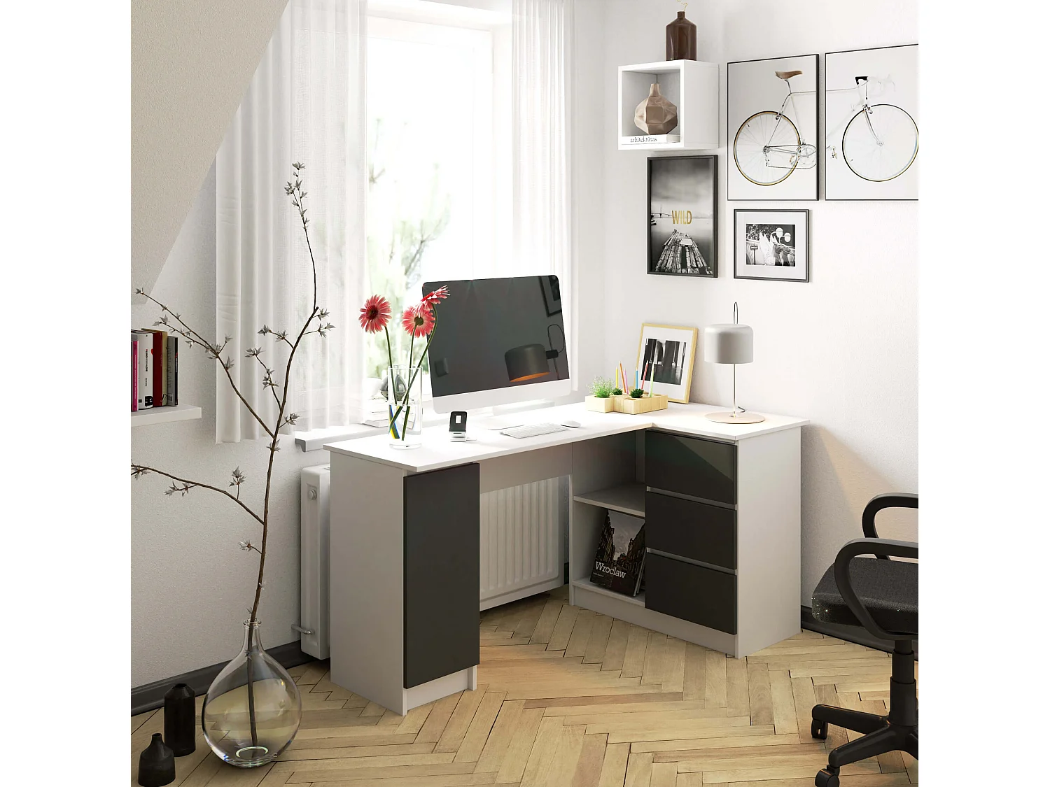Biurko narożne AKORD B20 Białe 155 cm prawe 1 drzwi 3 szuflady kolor Grafit Szary mat 4 półki 155x85x77 cm 1871103 - obrazek 1