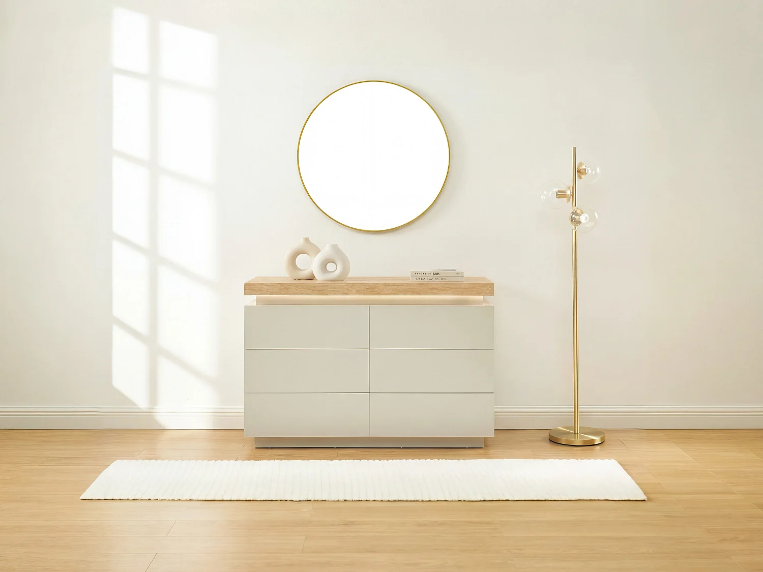 Komoda – 6 szuflad – Lakierowany MDF – Z oświetleniem LED – Kolor: Naturalny i Beżowy – HALO 4331717