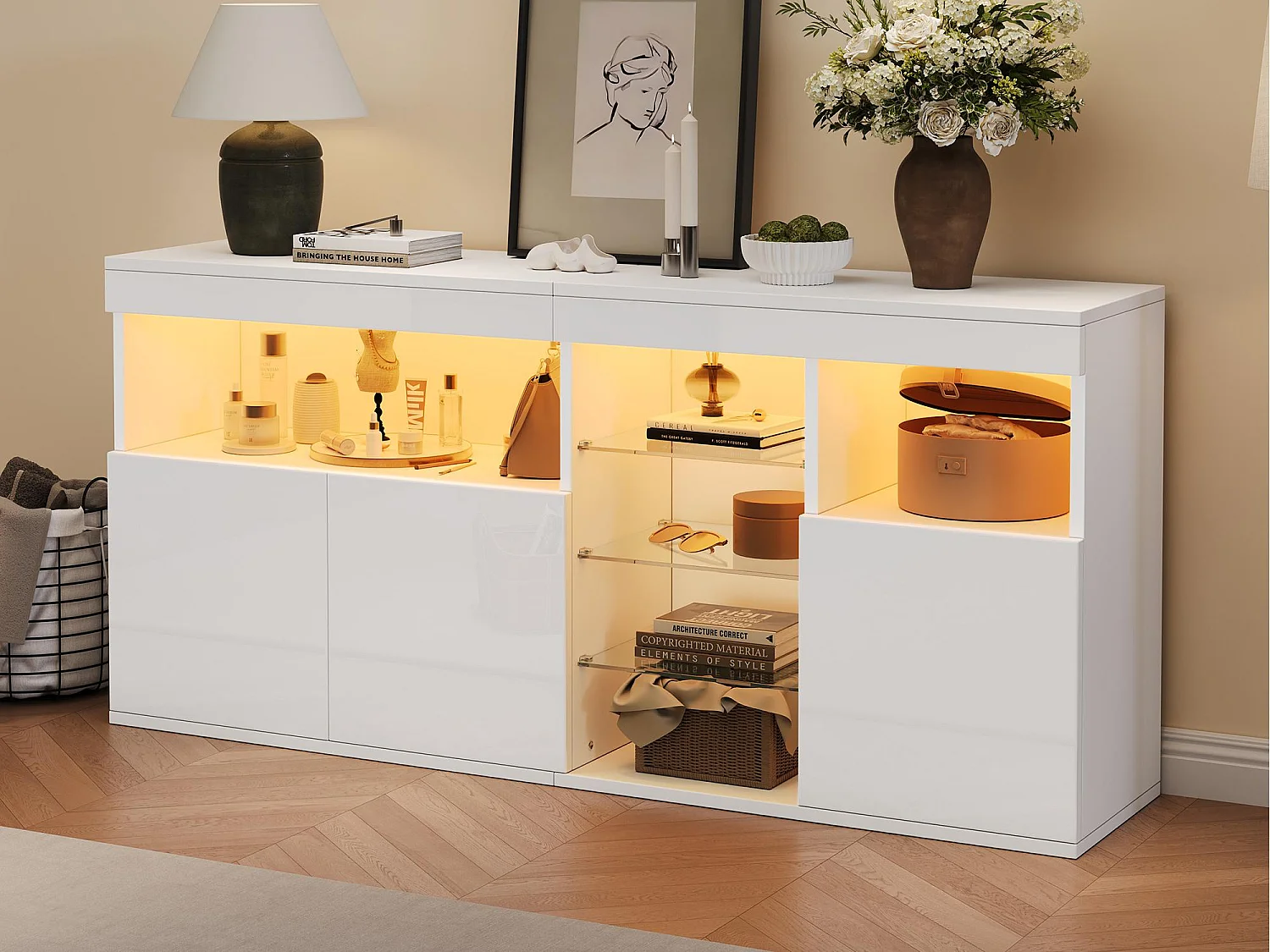 Bufet wysoki błyszczący 155,5x35x72 cm – z oświetleniem LED – 3 drzwi i 3 szklane półki – Biały 4819039