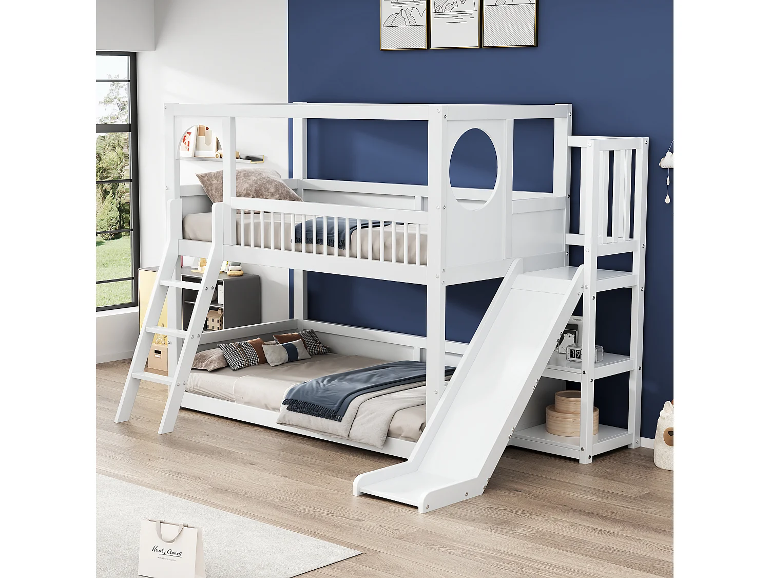 Łóżka piętrowe dla dzieci – 2 x 90 x 200 cm – z półkami + zjeżdżalnia + drabinka – drewno + płyta MDF – białe 4819252