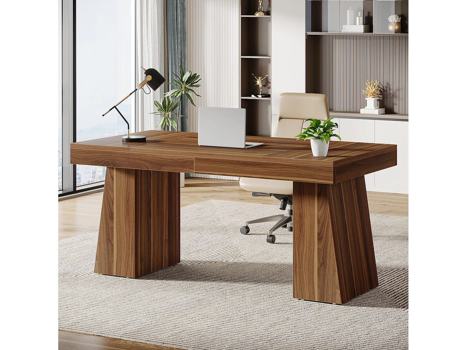 Biurko biurowe 140 cm, styl Mid-Century Modern, z podwójną podstawą trapezową 4522550 - obrazek 1