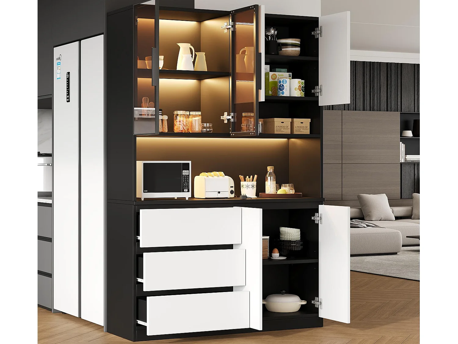 Bufet kuchenny 120.5x40x180cm – 6 drzwi + 3 szuflady – z oświetleniem LED – meble wysokie – Biały + Czarny 4823406