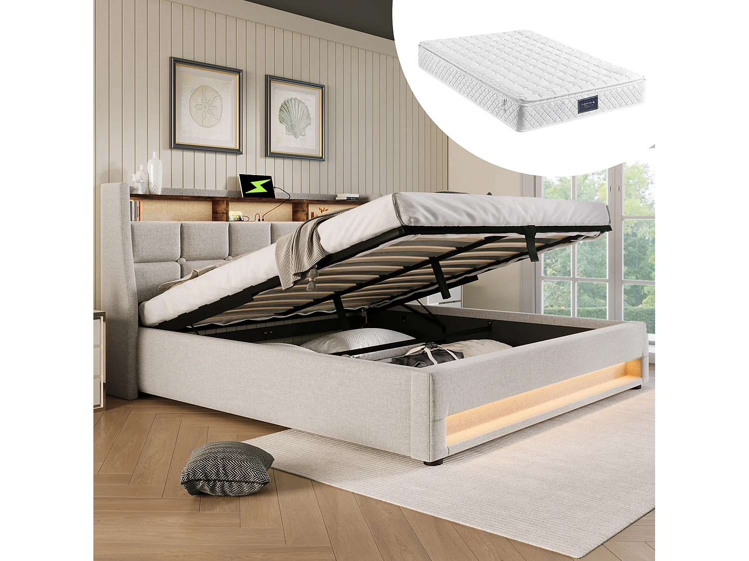 Łóżko 140 x 200 cm z pojemnikiem na pościel – z zagłówkiem, oświetleniem LED, portem USB, półkami, stelażem – len – beżowe – materac w zestawie 4824311