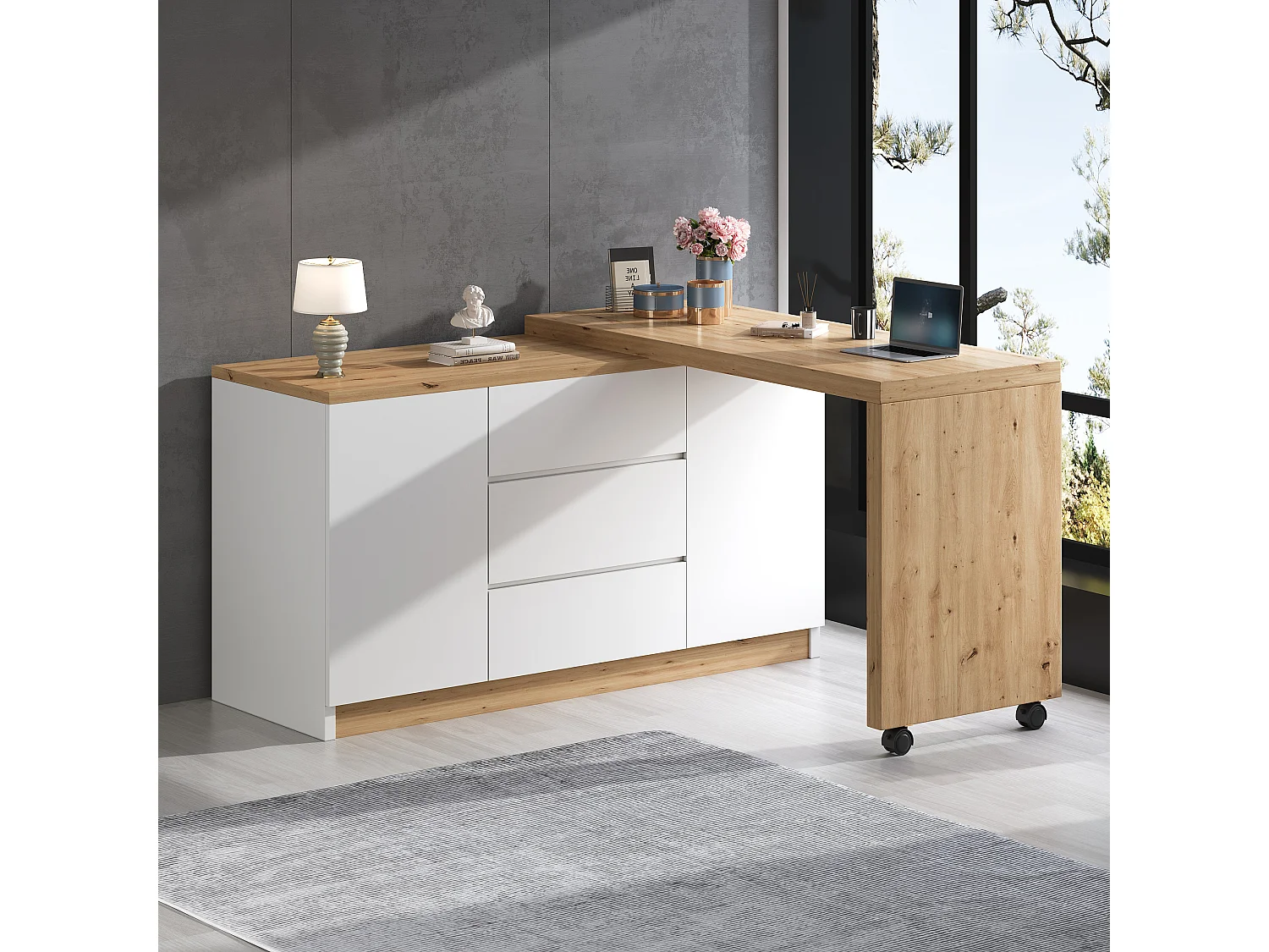 Biurko i kredens 2 w 1 – 120 x 50 x 76,5 cm – obrotowy – z 3 szufladami + 2 drzwiami + składane biurko – płyta wiórowa – biały + naturalny 4824836