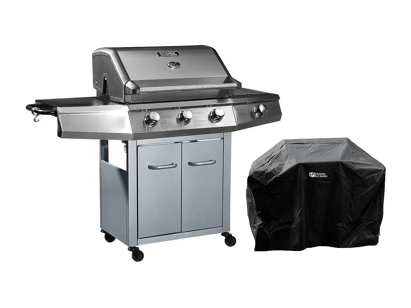 Grill gazowy „Bingo 4” – 4 palniki w tym 1 palnik boczny – 14 kW + Pokrowiec ochronny – Srebrny 1722343