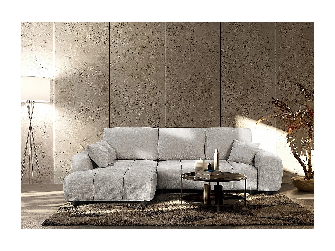 Lewa narożna sofa rozkładana w tkaninie szenilowej "Verneuil" - 3 miejsca - beżowa 4408135 - obrazek 1