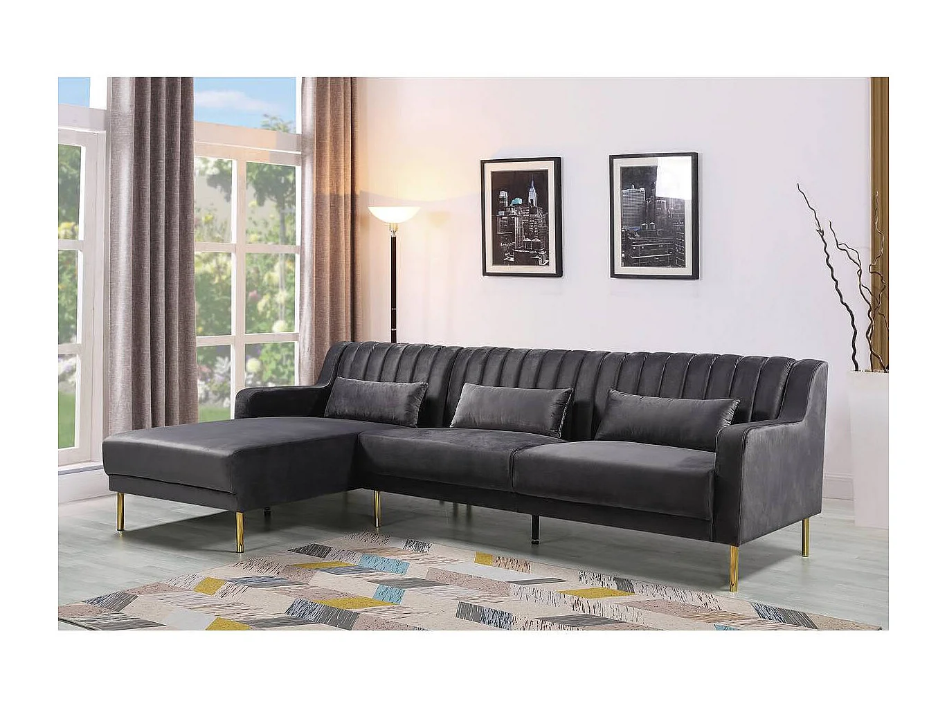 Kanapa narożna "Oliver" z weluru - 275 x 161 x 81 cm - 5 miejsc - Szara - Lewostronna 463287 - obrazek 1