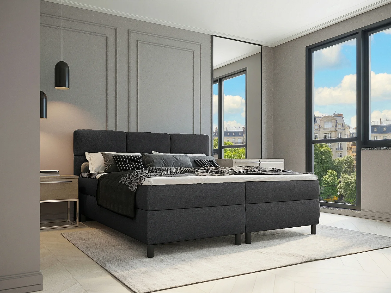 Kompletny zestaw boxspring pikowany wezgłowie + stelaże + materace + materac nawierzchniowy - 2 x 90 x 200 cm - Tkanina - Antracyt - LODI od PALACIO 4805811 - obrazek 1