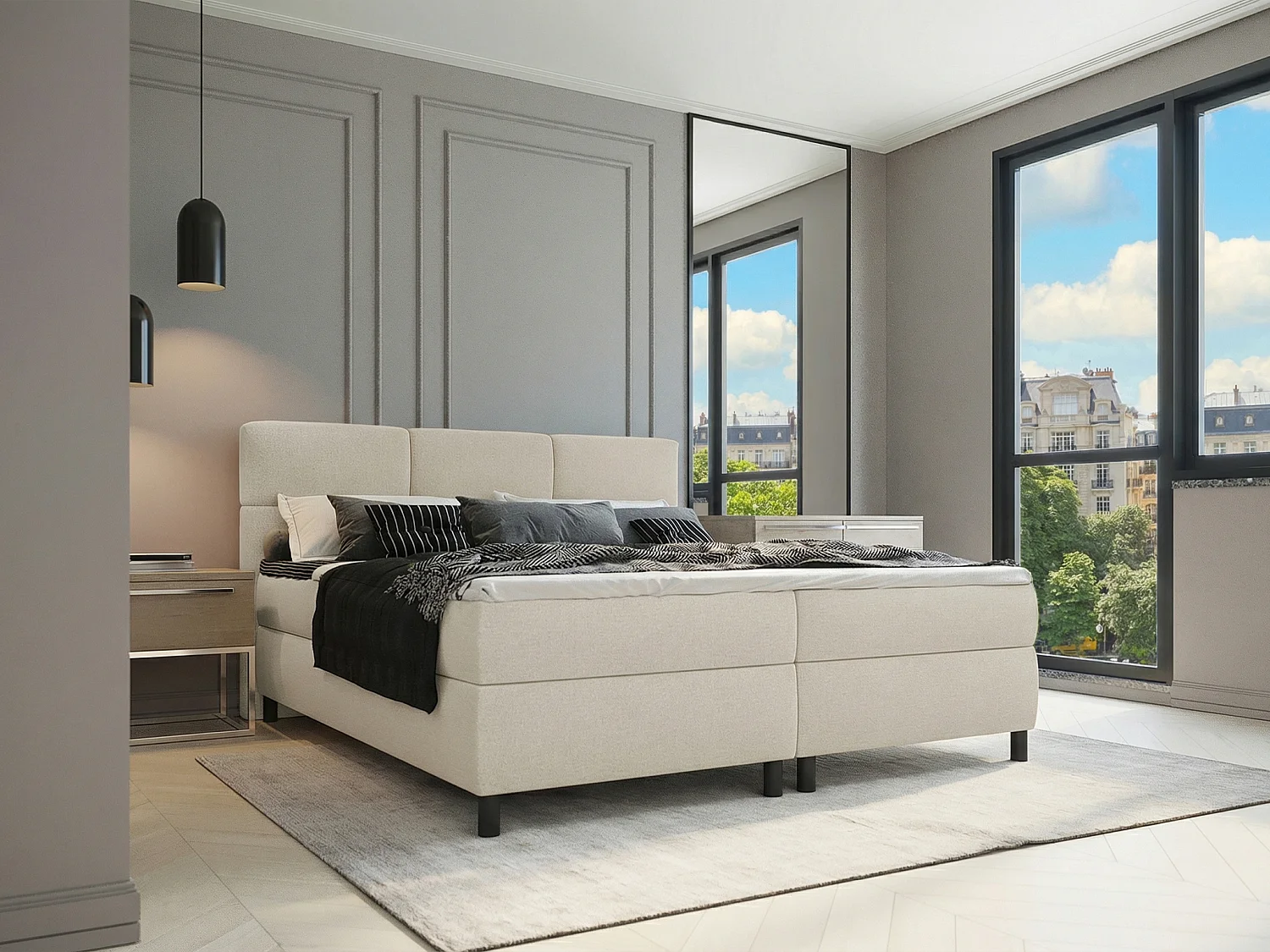 Kompletny zestaw boxspring z pikowanym zagłówkiem + stelaże + materac + materac nawierzchniowy - 2 x 90 x 200 cm - Tkanina - Beżowy - LODI od PALACIO 4805810 - obrazek 1