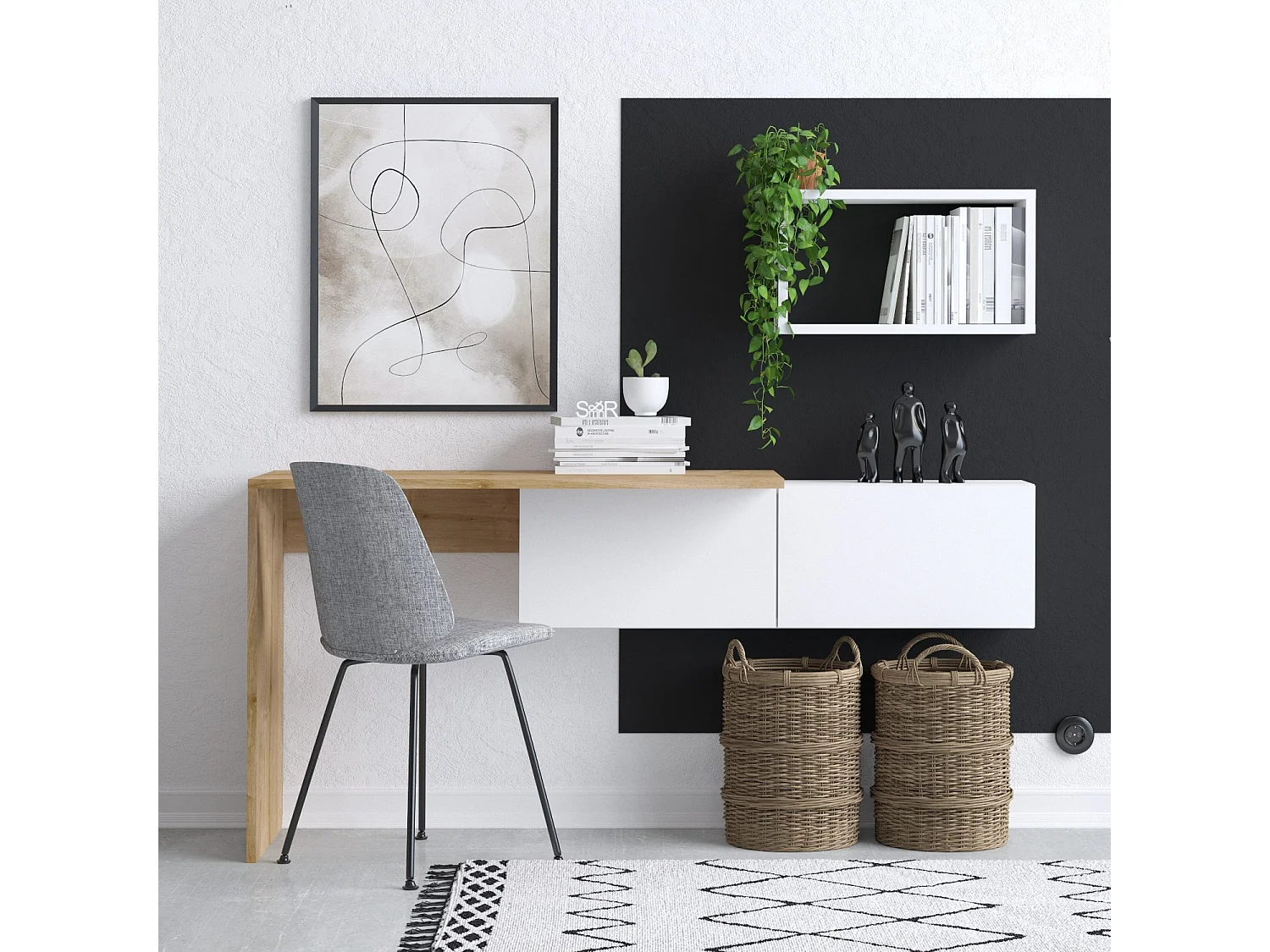 Biurko drewniane "Tiff" 145x45x74 cm, dąb biały, 1 półka, 2 drzwi, nowoczesny i funkcjonalny design 4831188 - obrazek 1